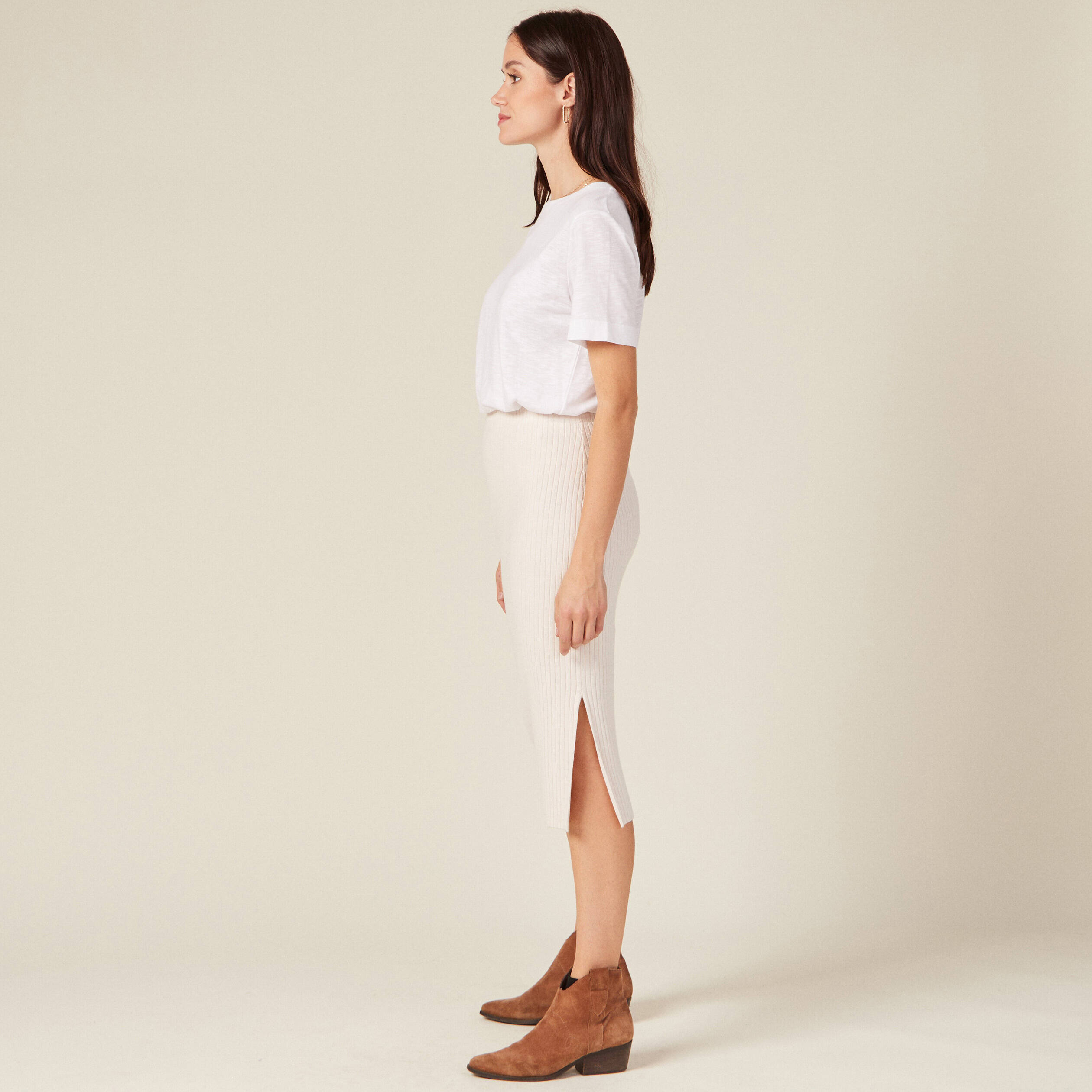 jupe tricot midi ajustee beige femme Jupe tricot midi ajustée beige femme