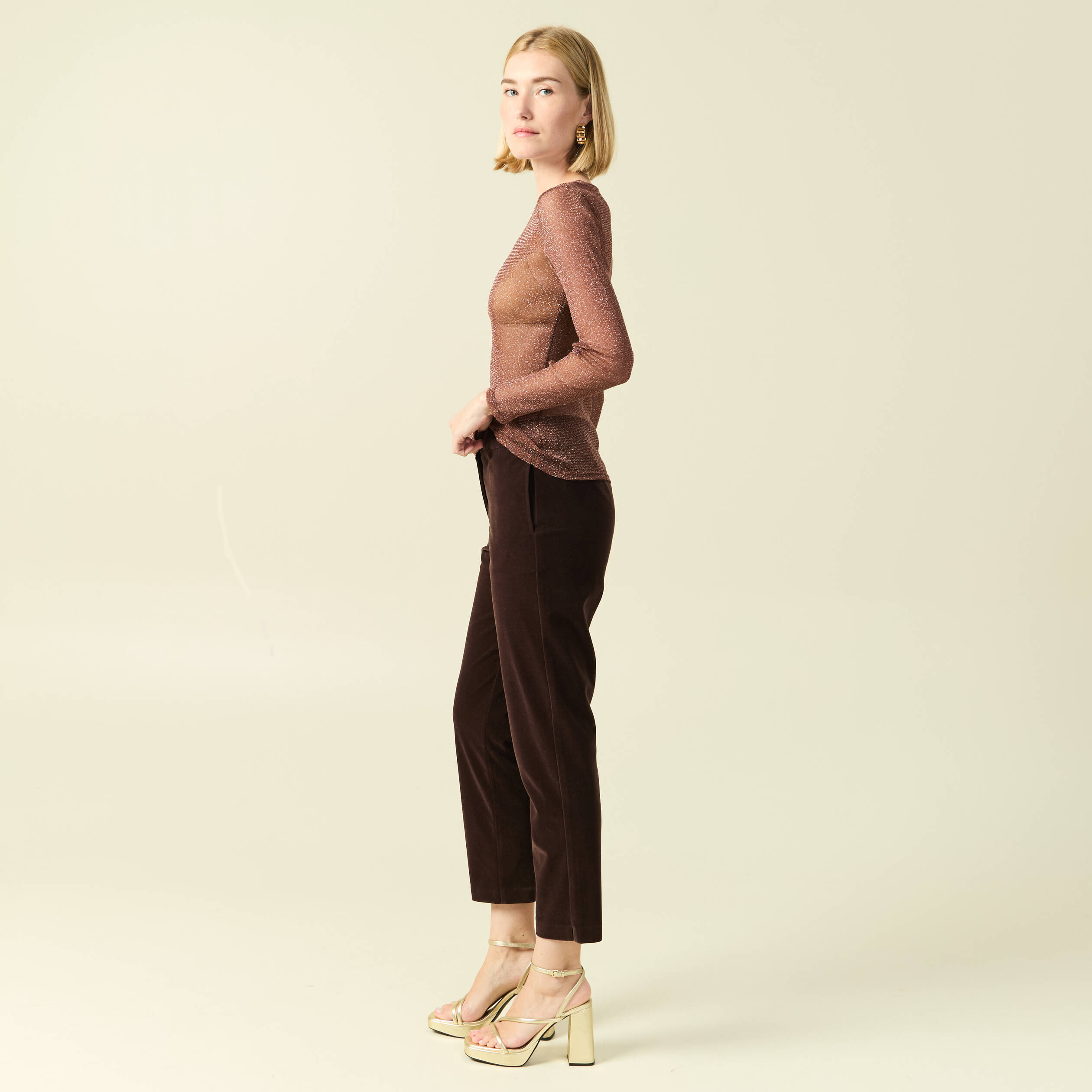T-shirt manches longues col rond marron femme