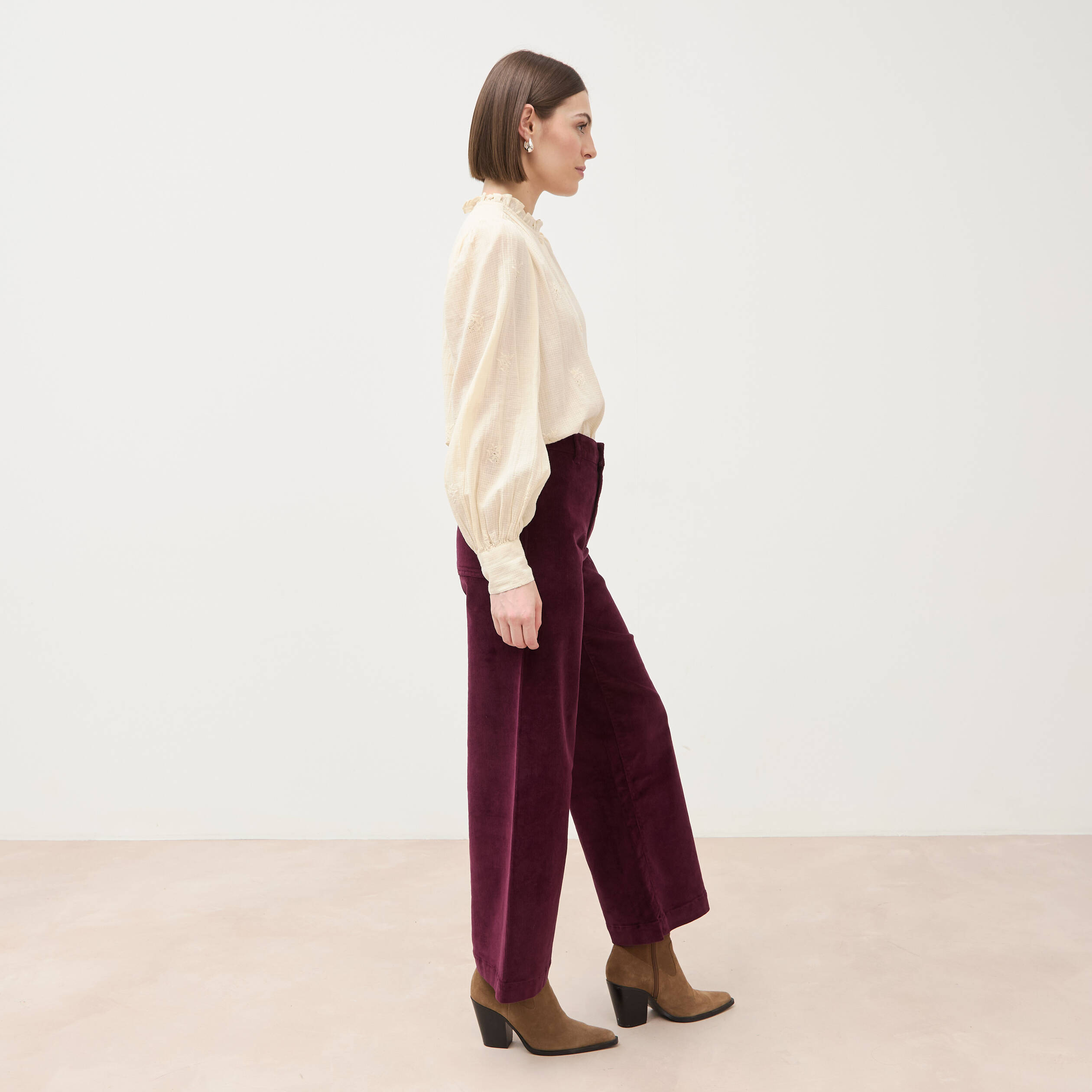 Pantalon large taille haute en velours prune femme