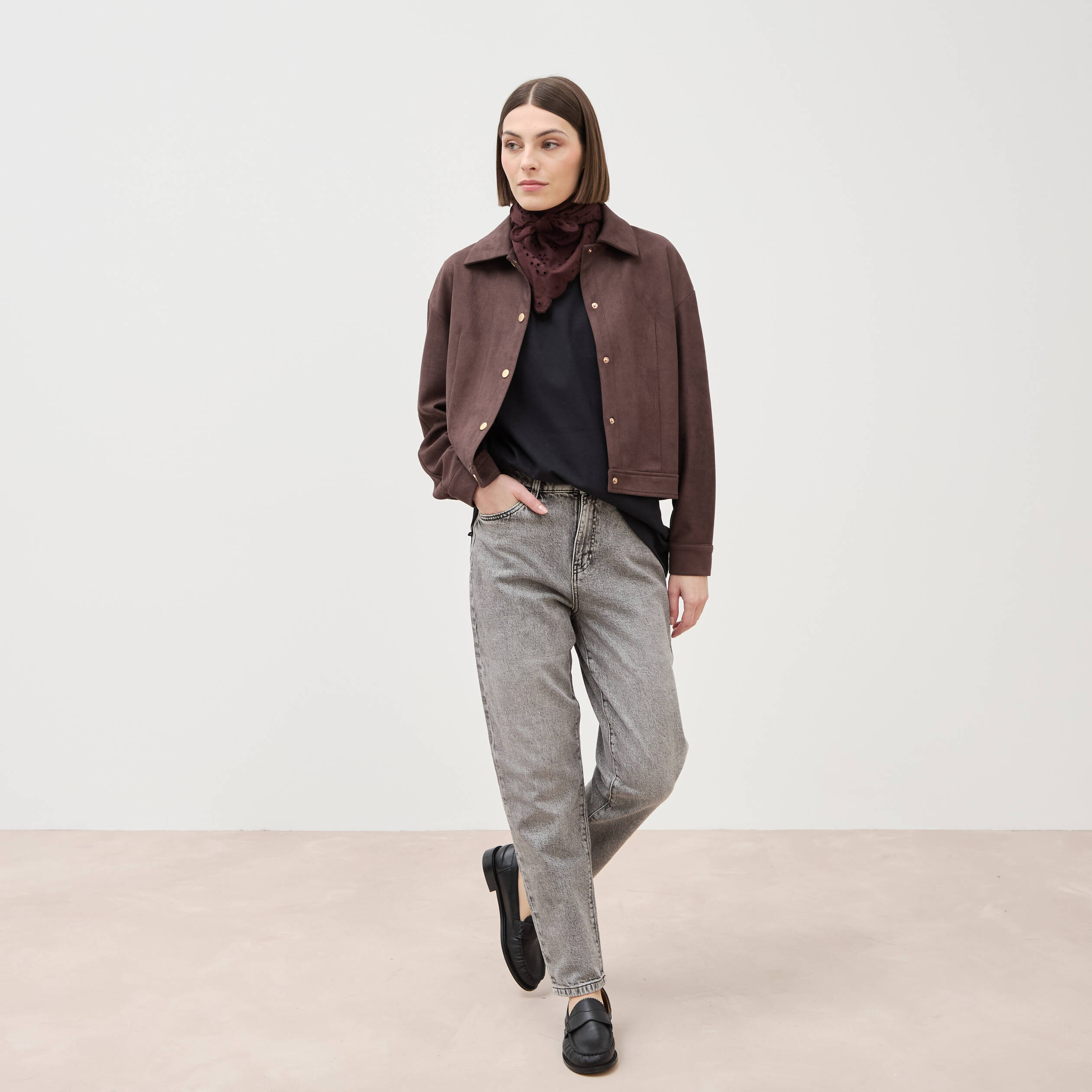 Jeans mom 7/8&egrave;me denim snow gris femme