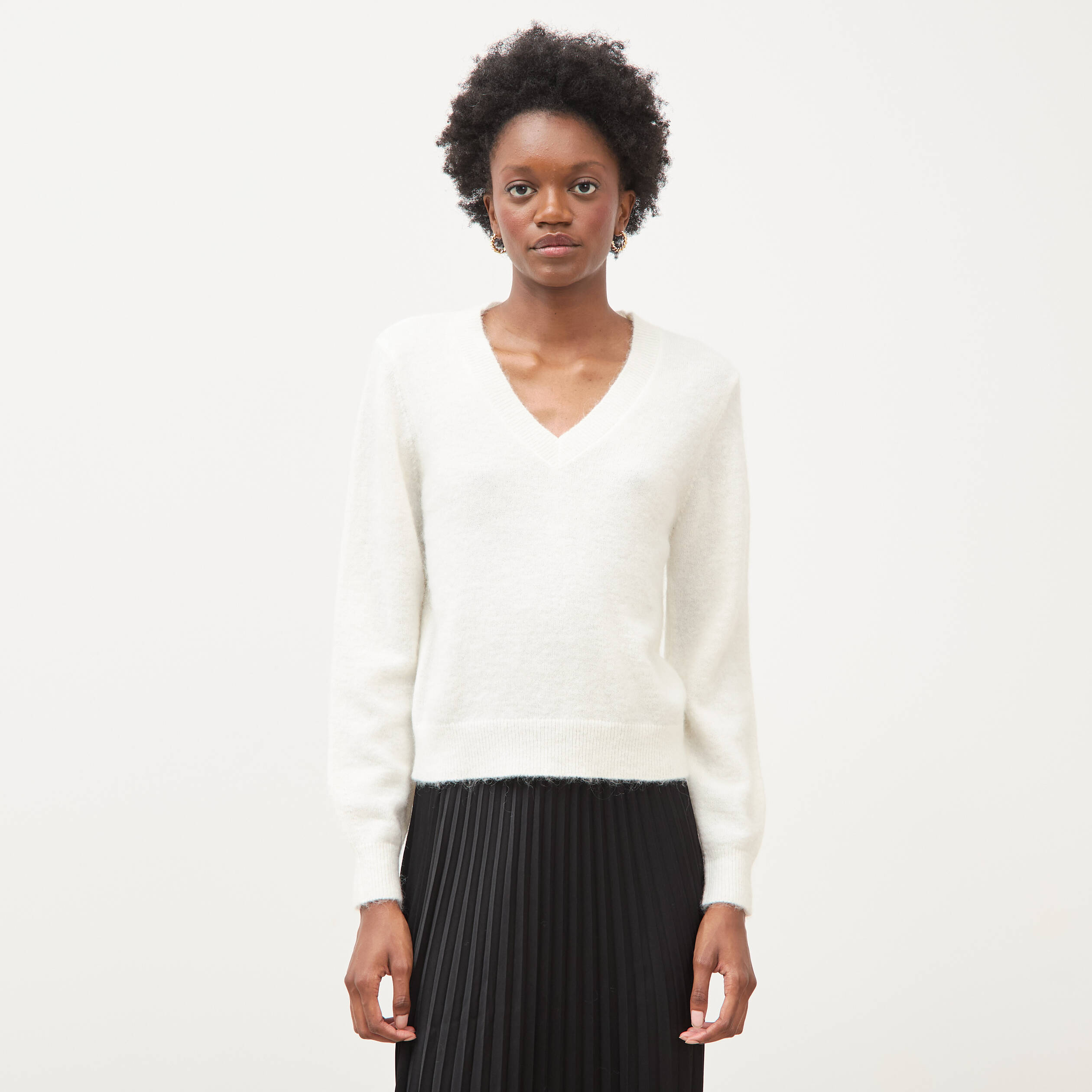 Pull droit col v manches longues ecru femme