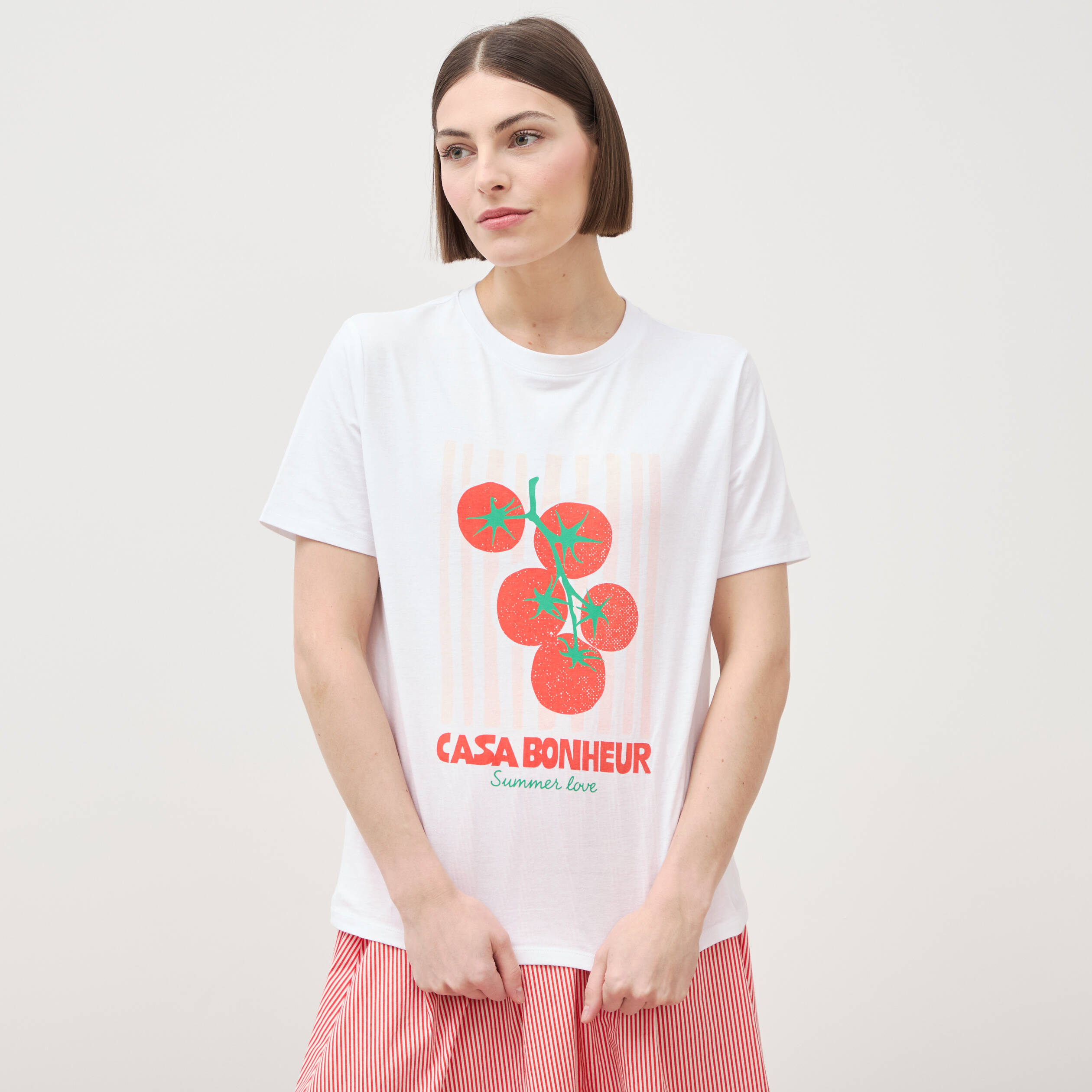 T-shirt &agrave; motif en coton manches courtes blanc femme