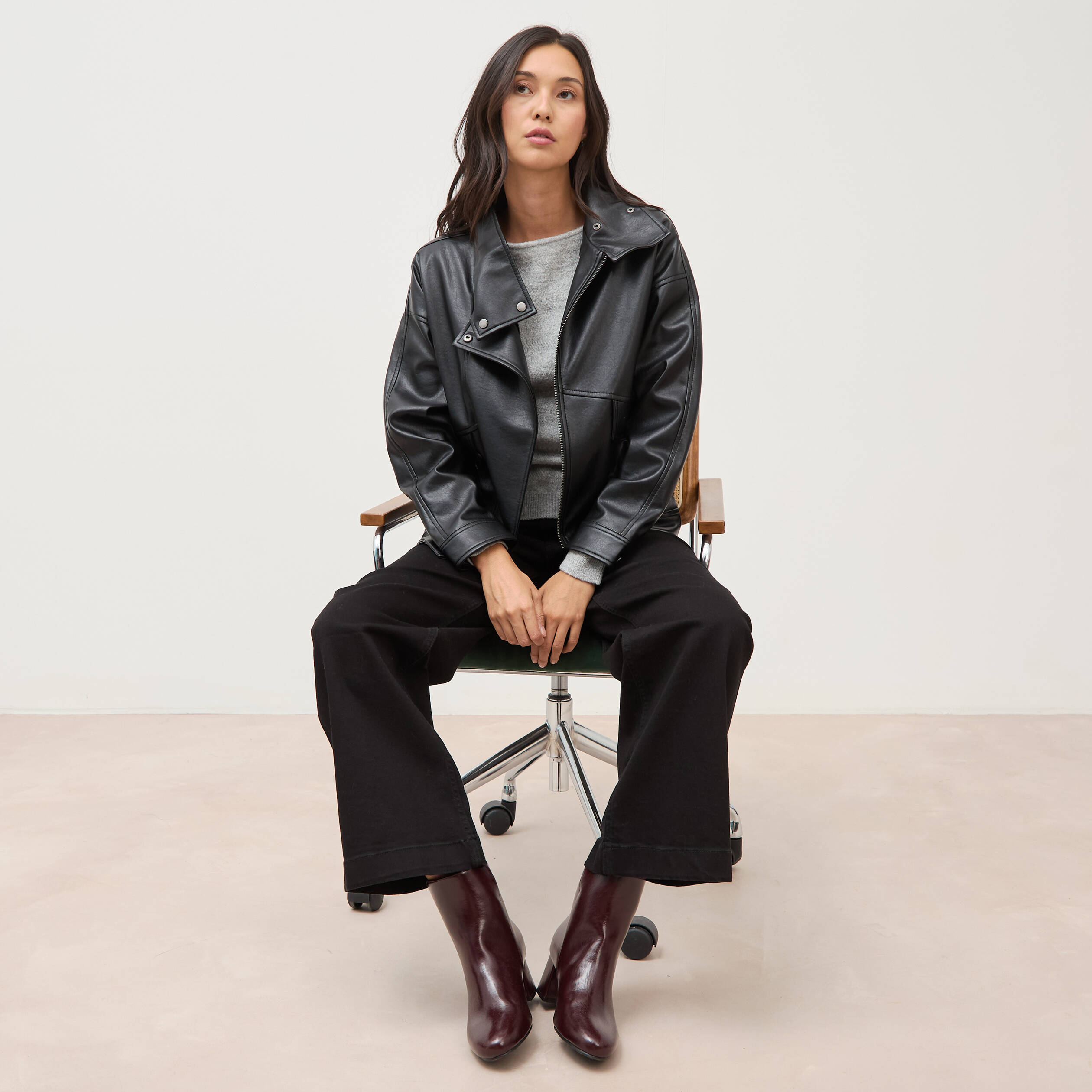 Blouson manches longues similicuir noir femme