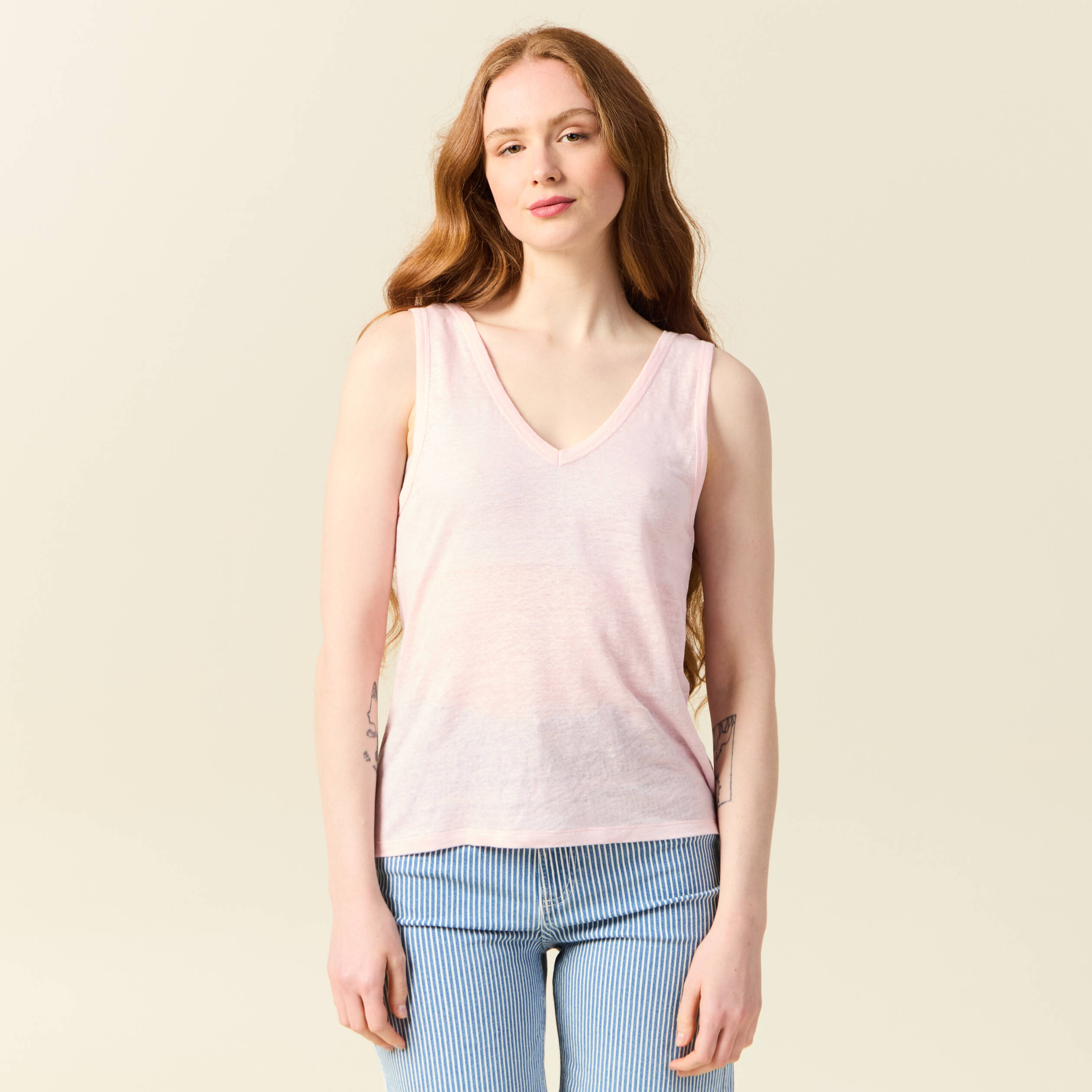 debardeur sans manches en lin rose clair femme Débardeur sans manches en lin rose clair femme