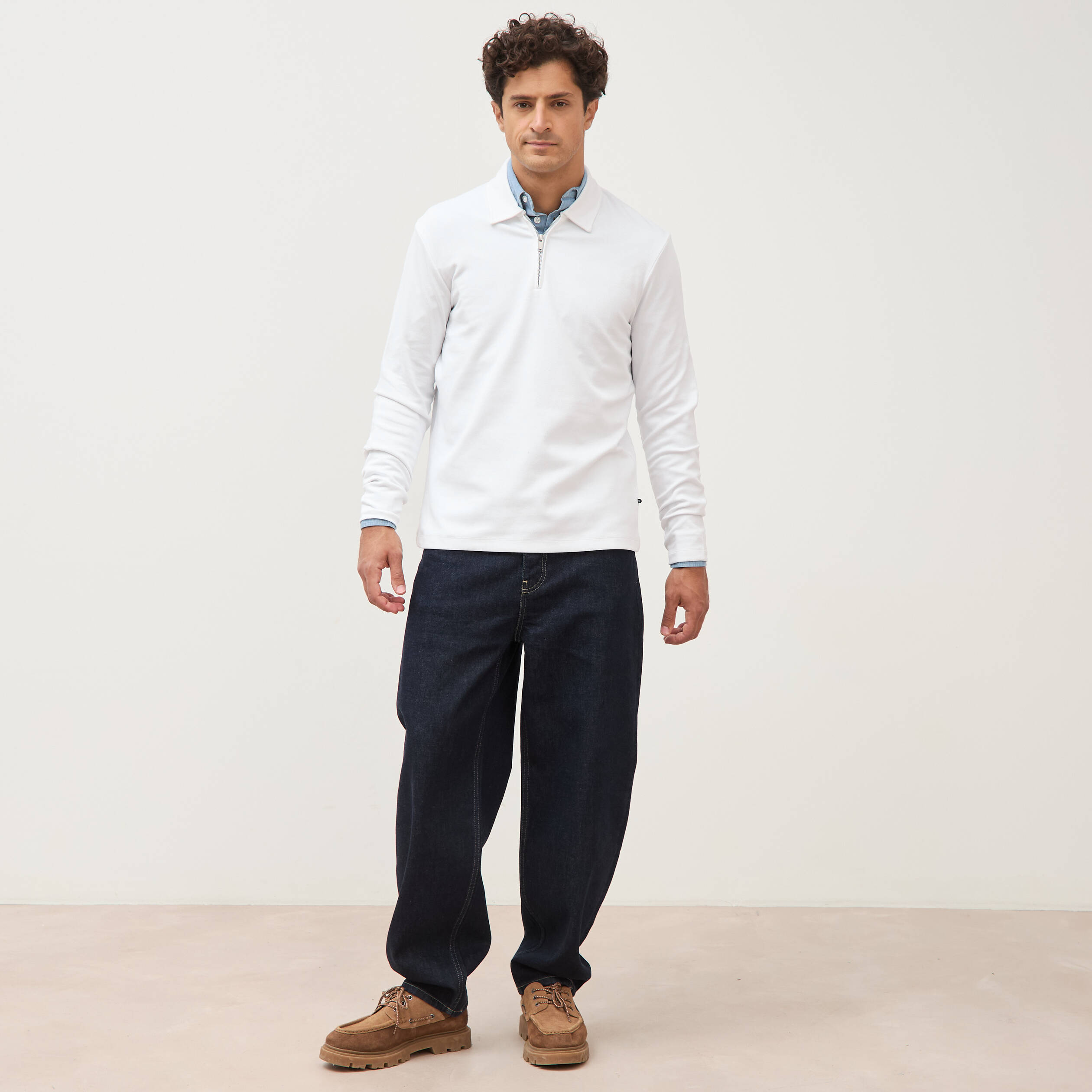 Polo droit manches longues blanc homme