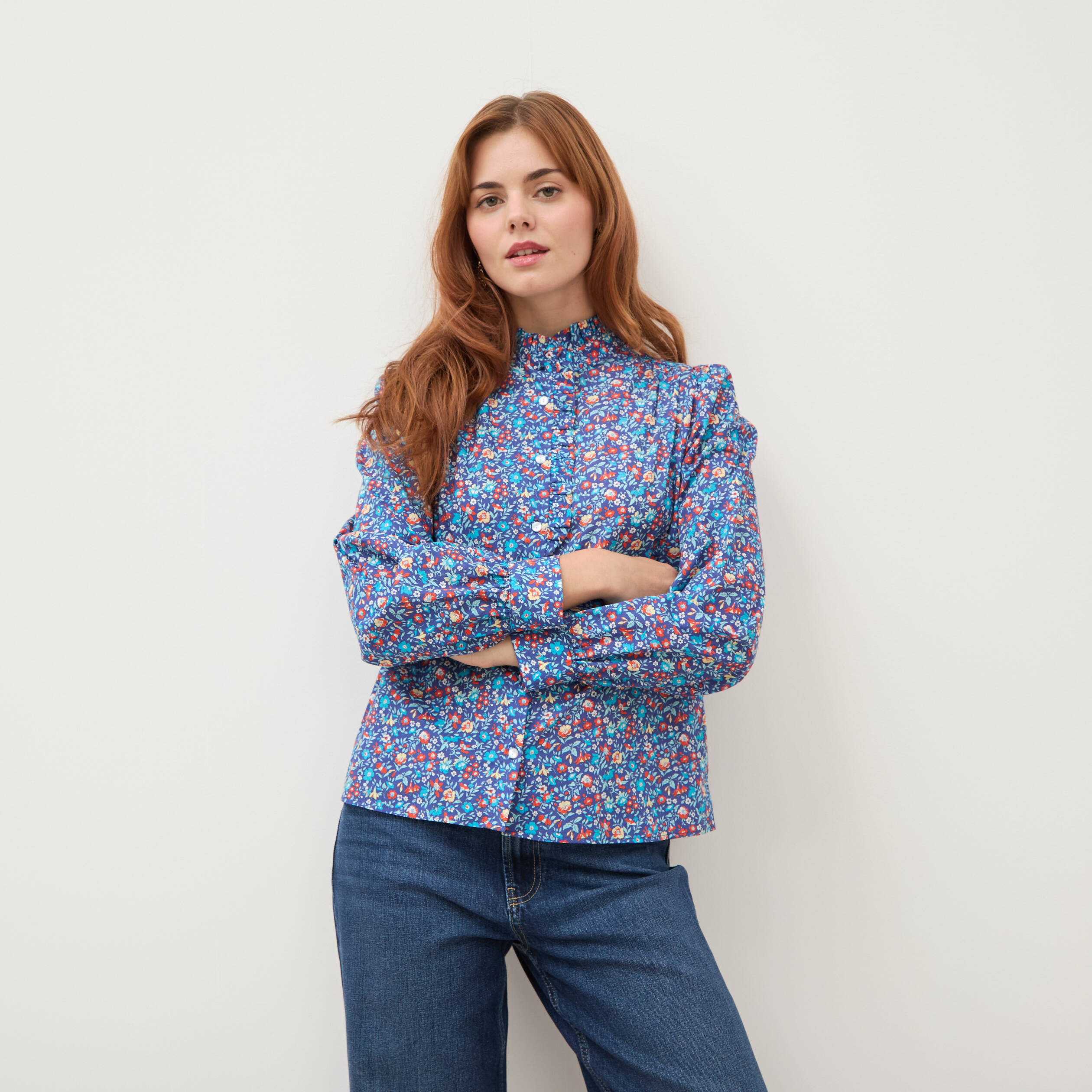 Chemise droite en coton manches longues bleu marine femme