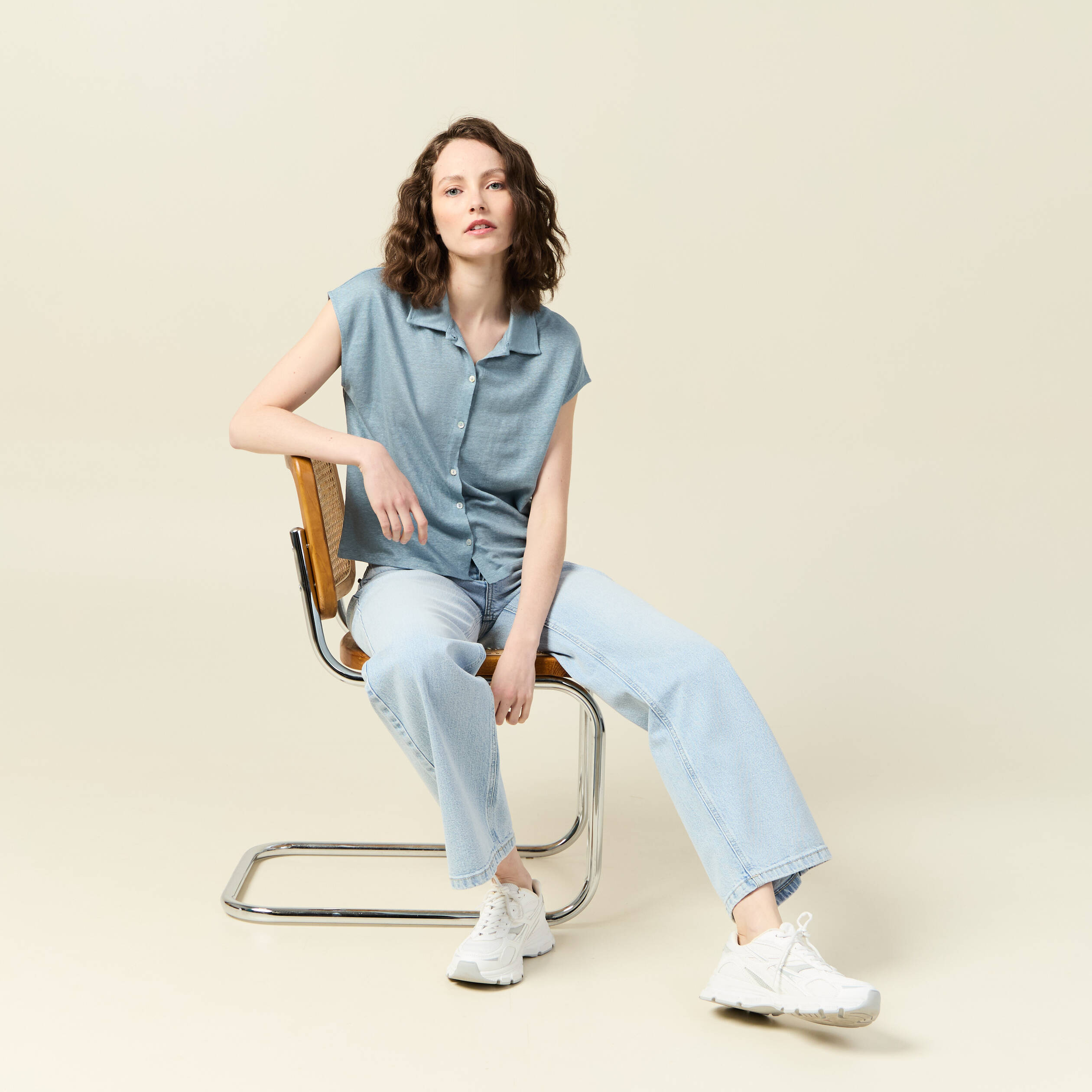 Polo en lin manches courtes bleu gris femme