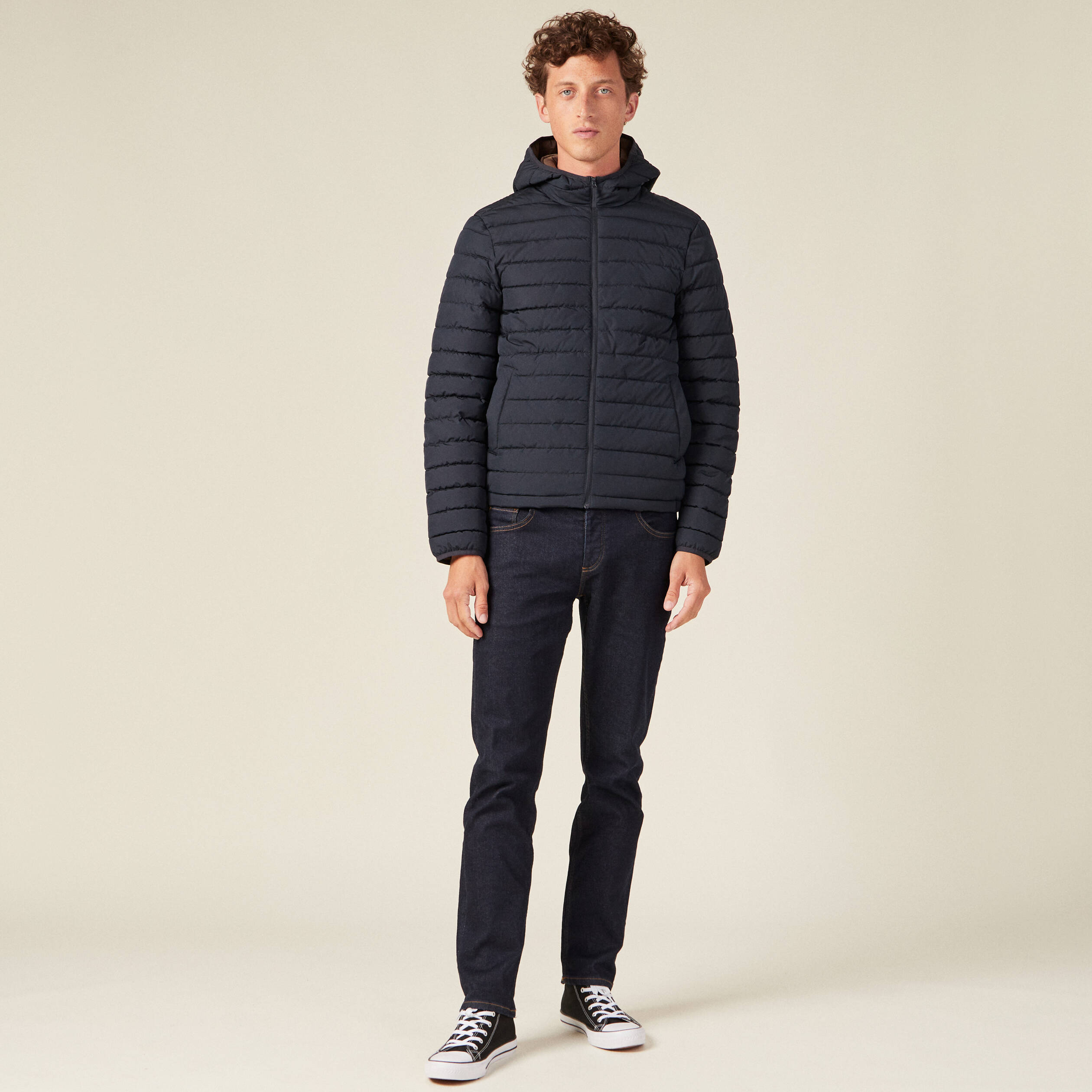 Doudoune droite à capuche bleu marine homme