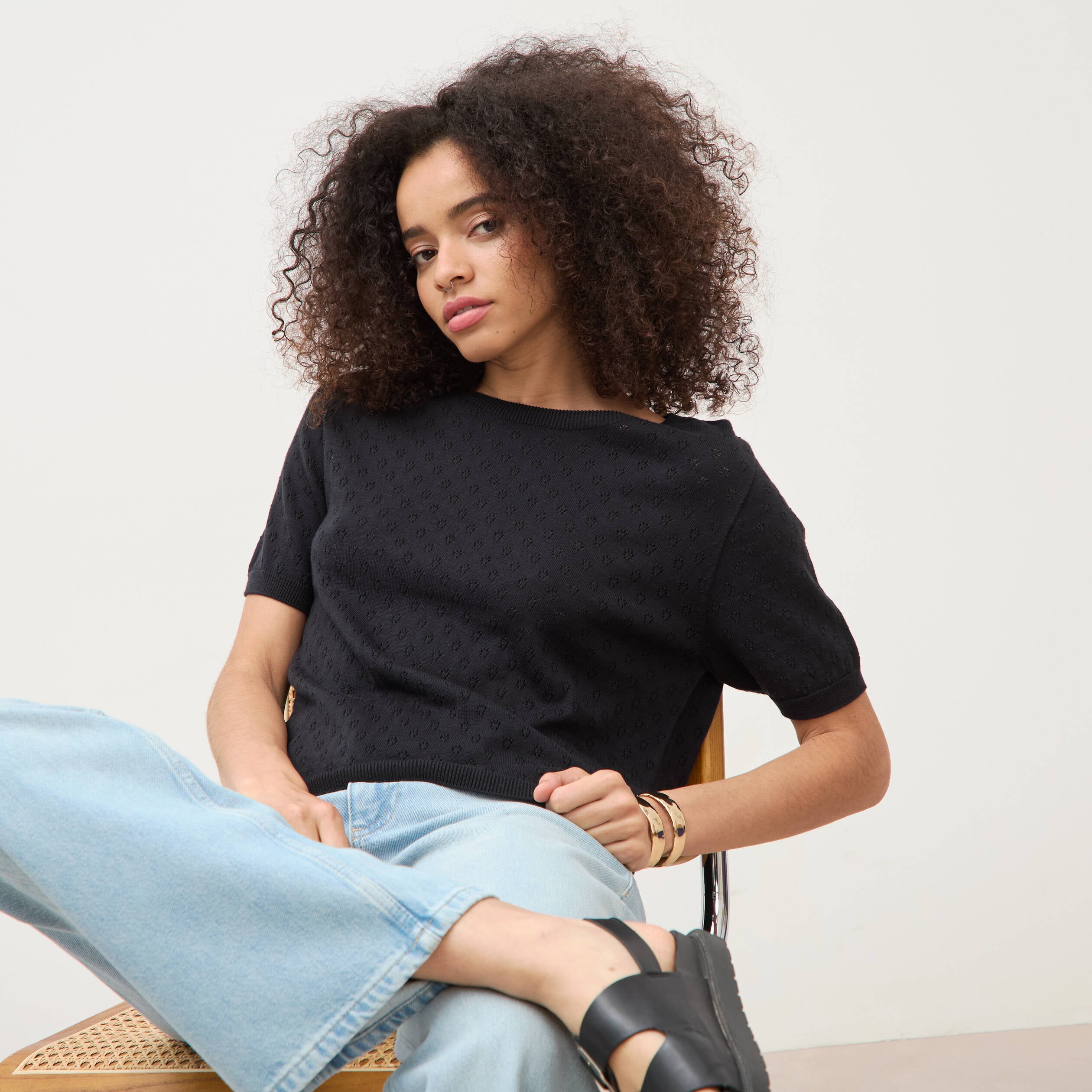 Pull col rond manches courtes noir femme