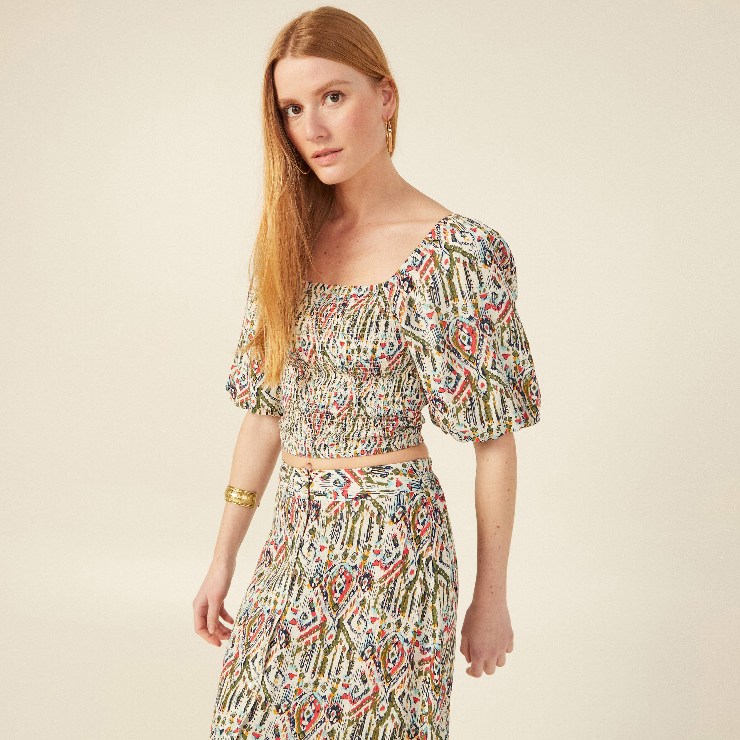 blouse manches courtes smockee multicolore femme Blouse manches courtes smockée multicolore femme