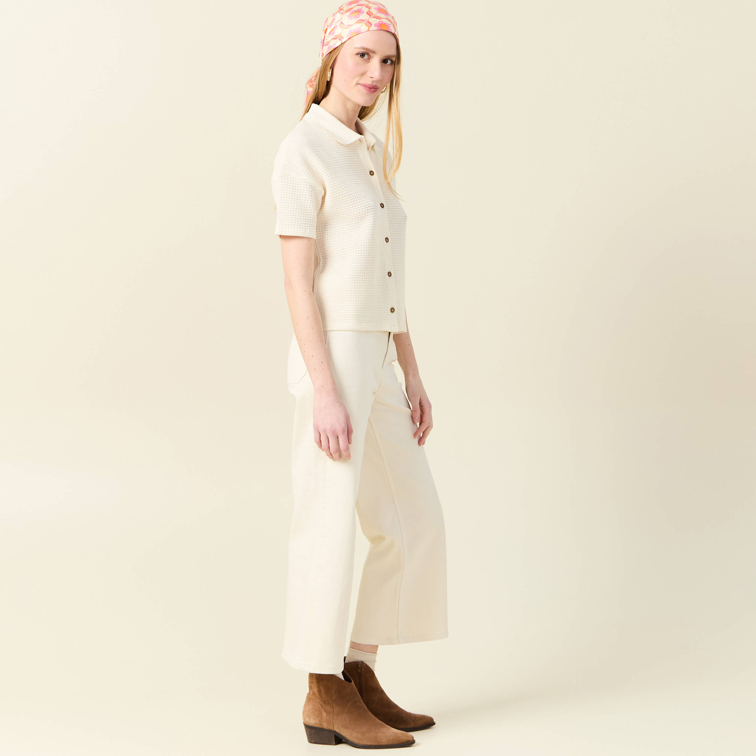 Polo manches courtes creme femme