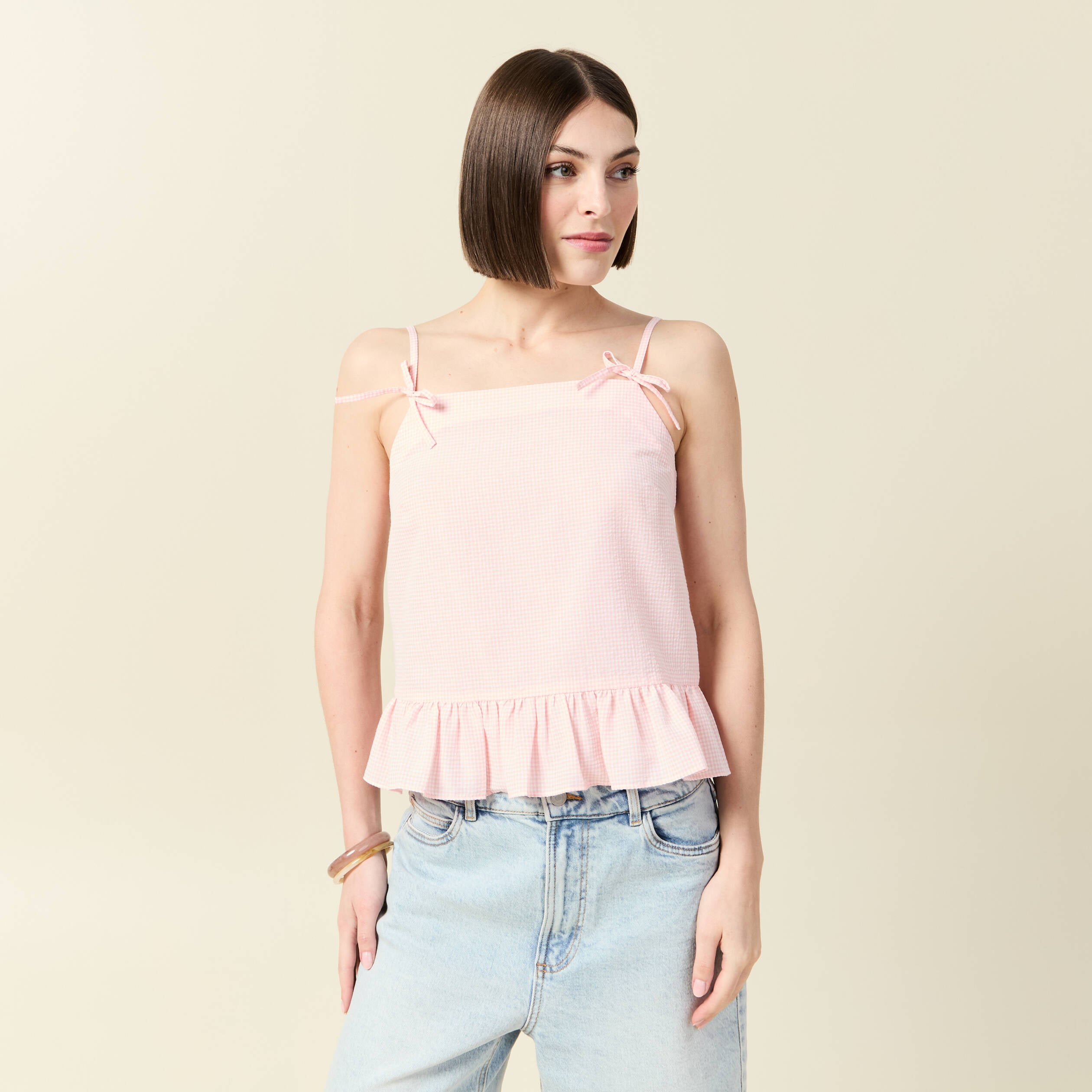 D&eacute;bardeur droit court col carr&eacute; rose clair femme