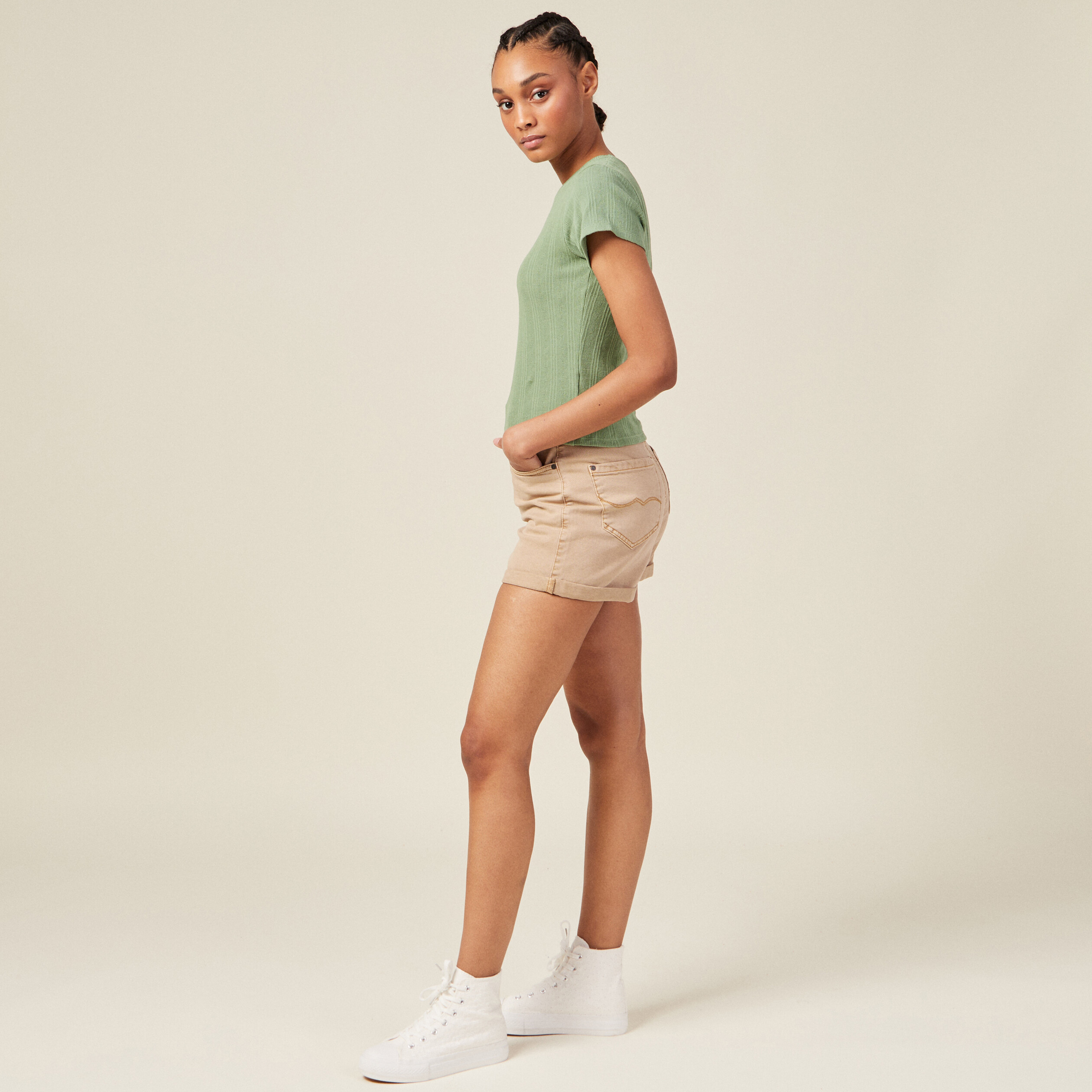 Crop top manches courtes vert kaki femme