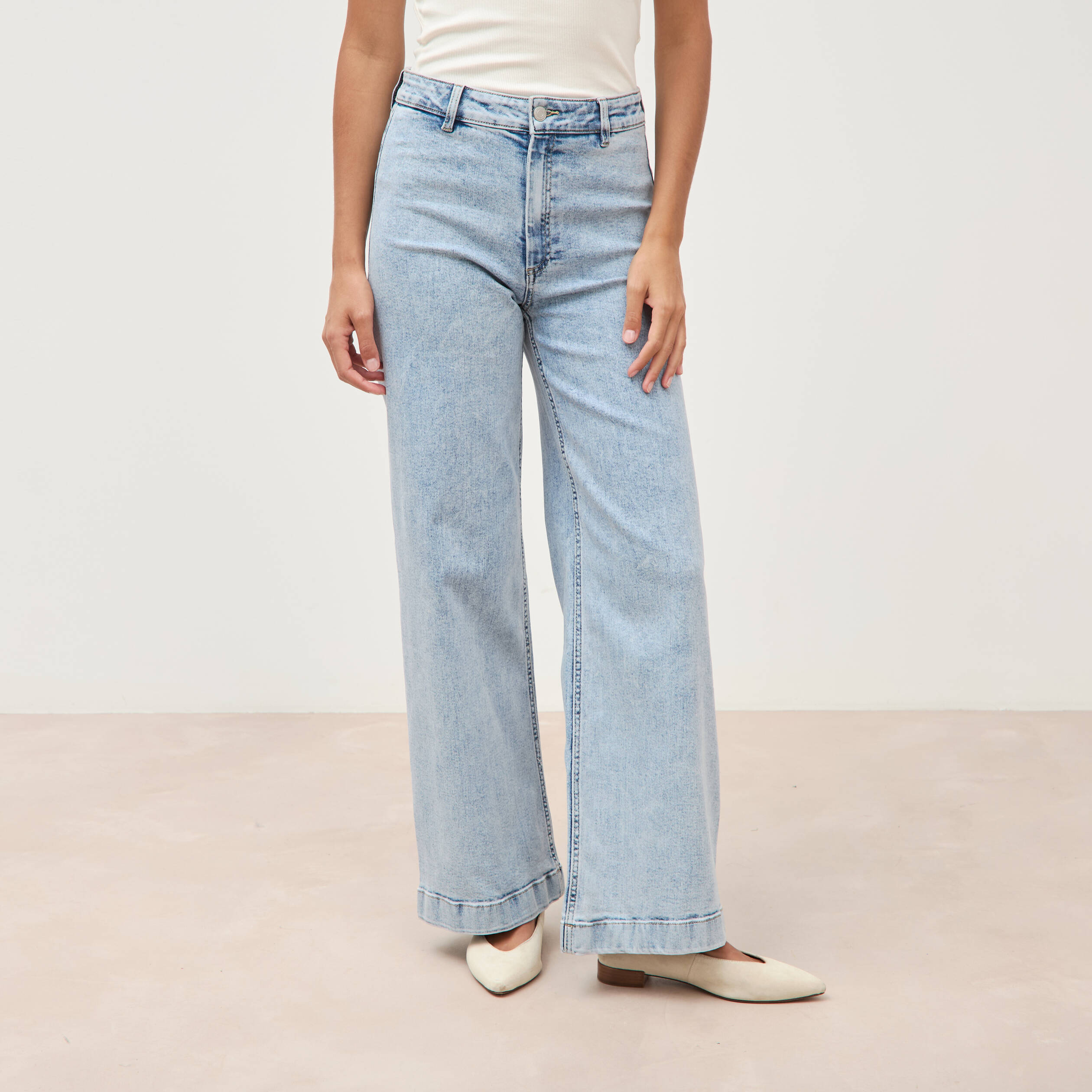 Jeans large taille haute denim bleach femme
