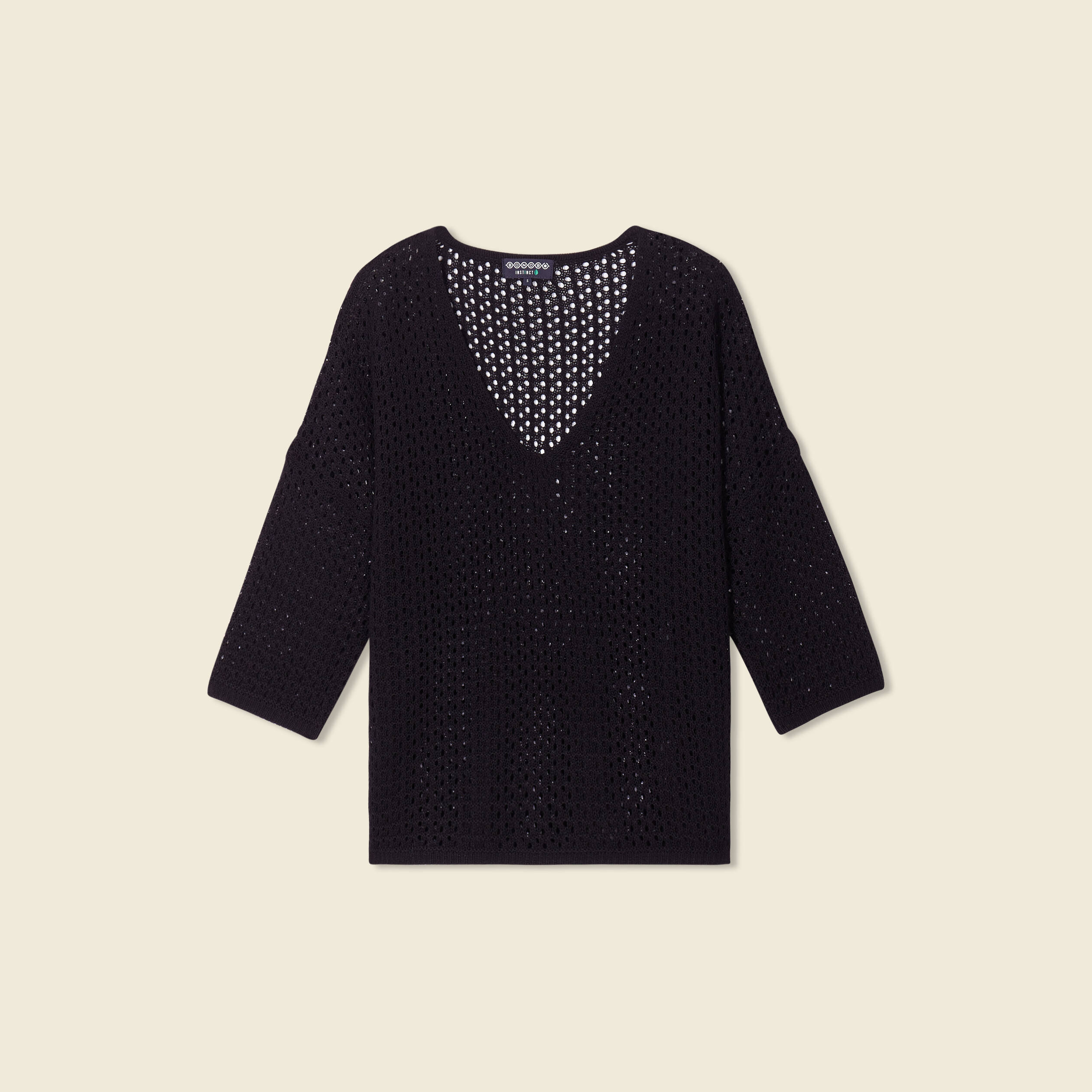 Pull ajour&eacute; col v manches 3/4 noir femme