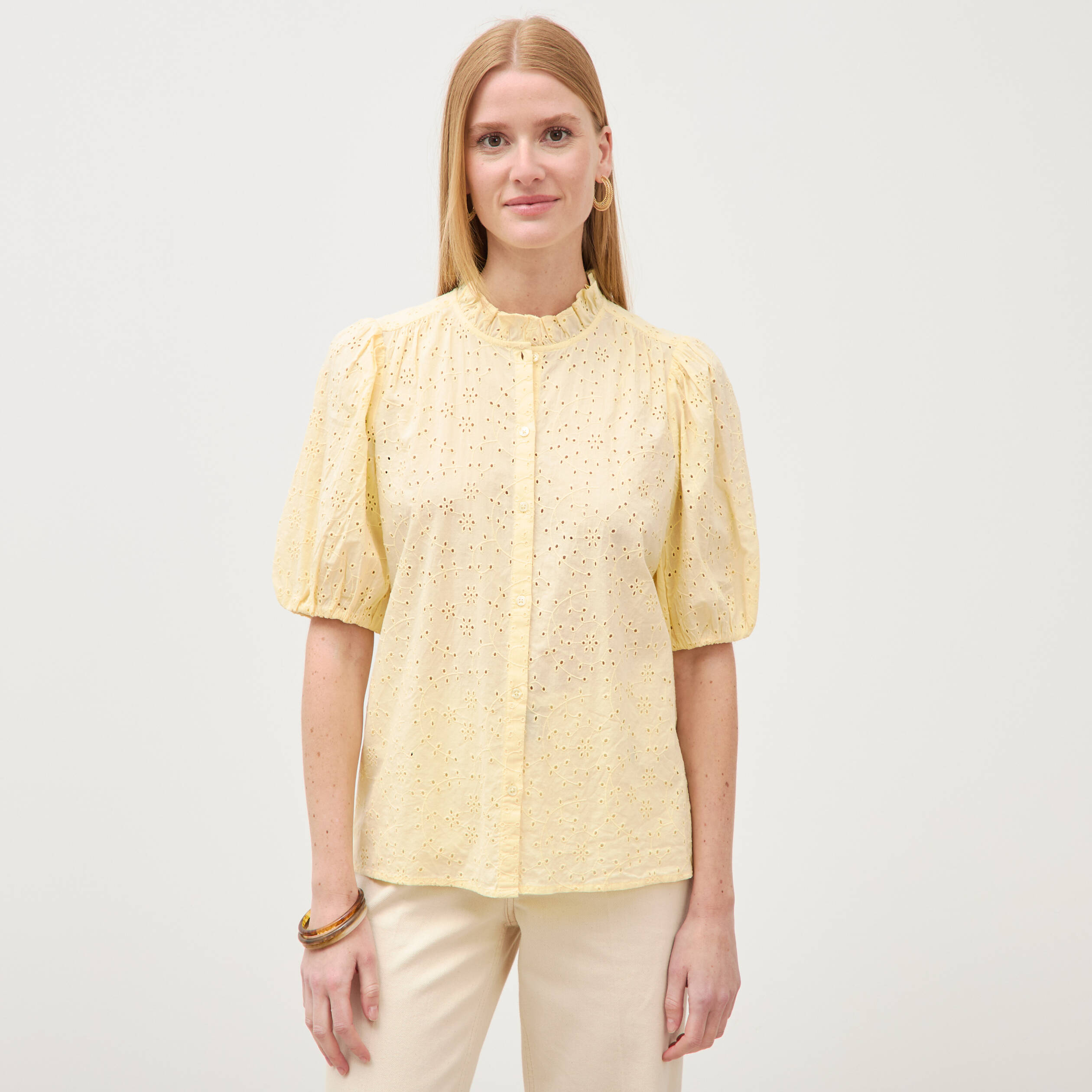Chemise en coton manches coude jaune clair femme