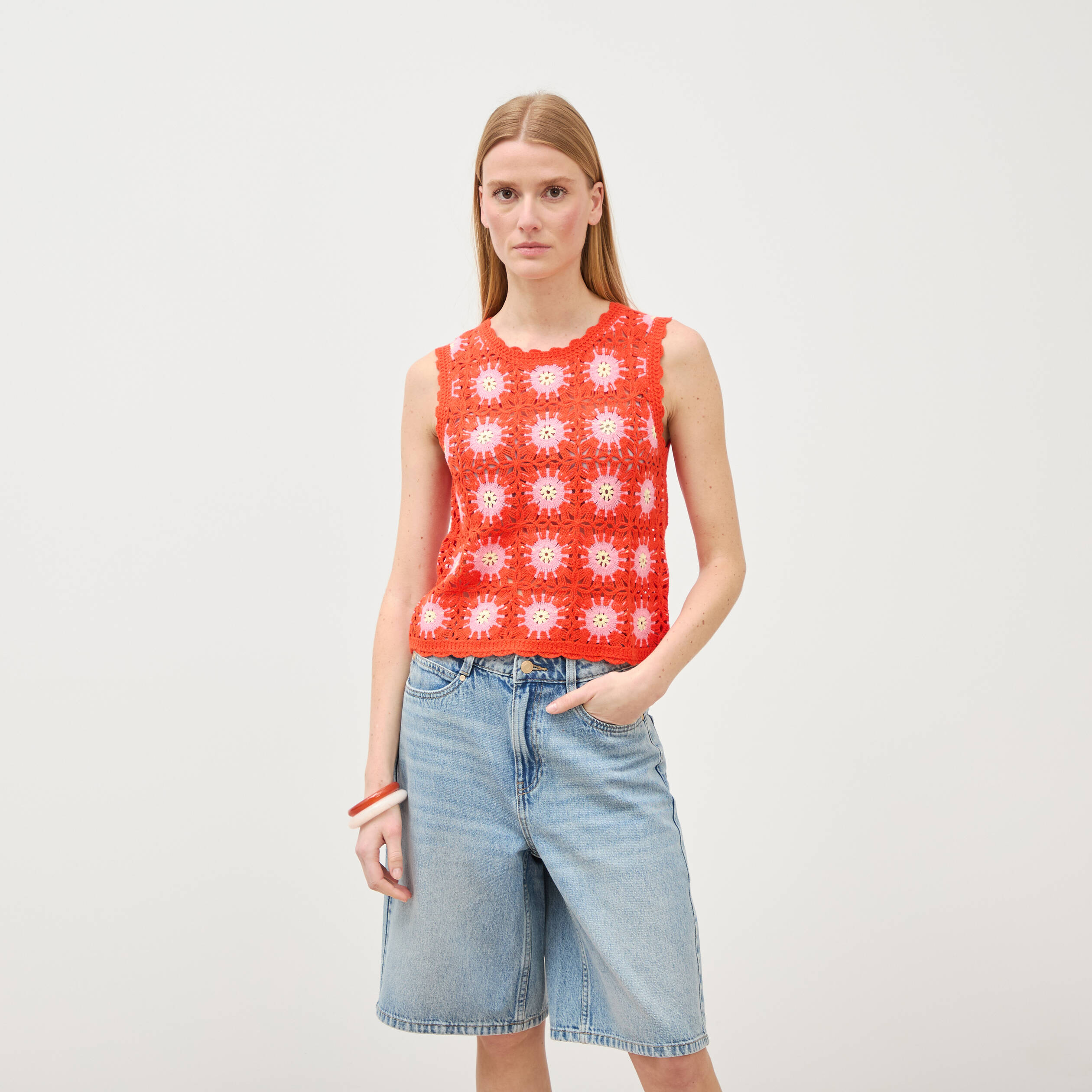 D&eacute;bardeur crochet col rond sans manches orange fonc&eacute; femme