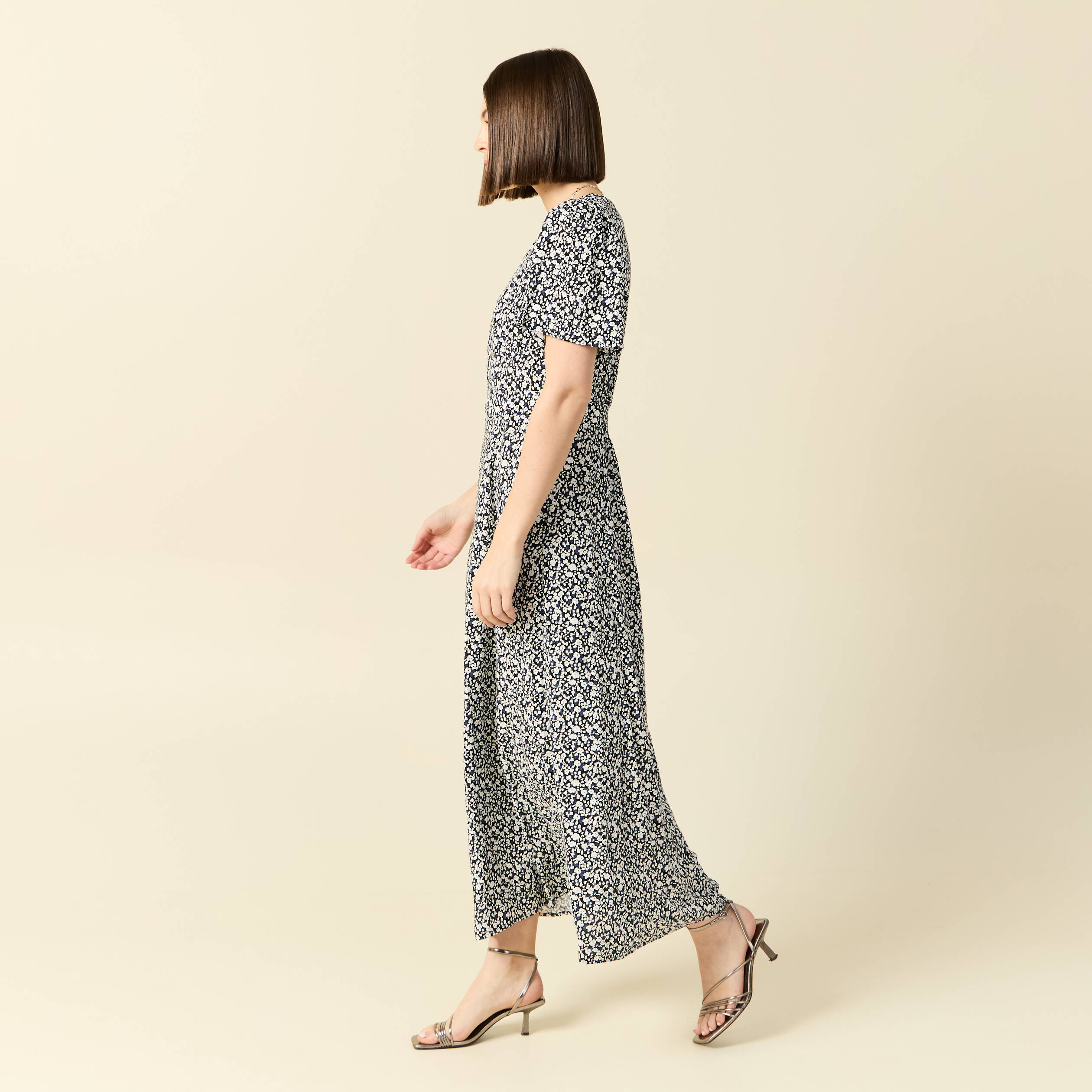 Robe longue droite col v manches courtes bleu femme