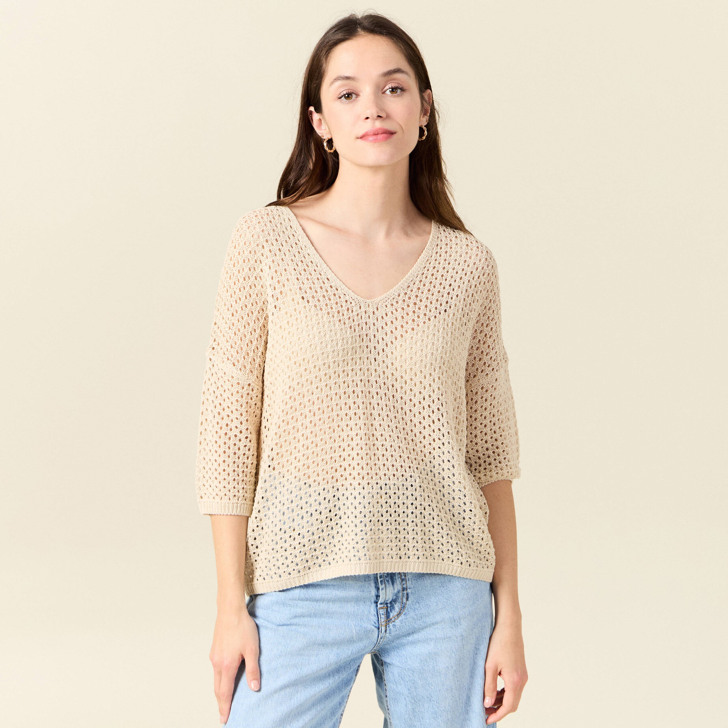 Pull ajour&eacute; col v manches 3/4 creme femme