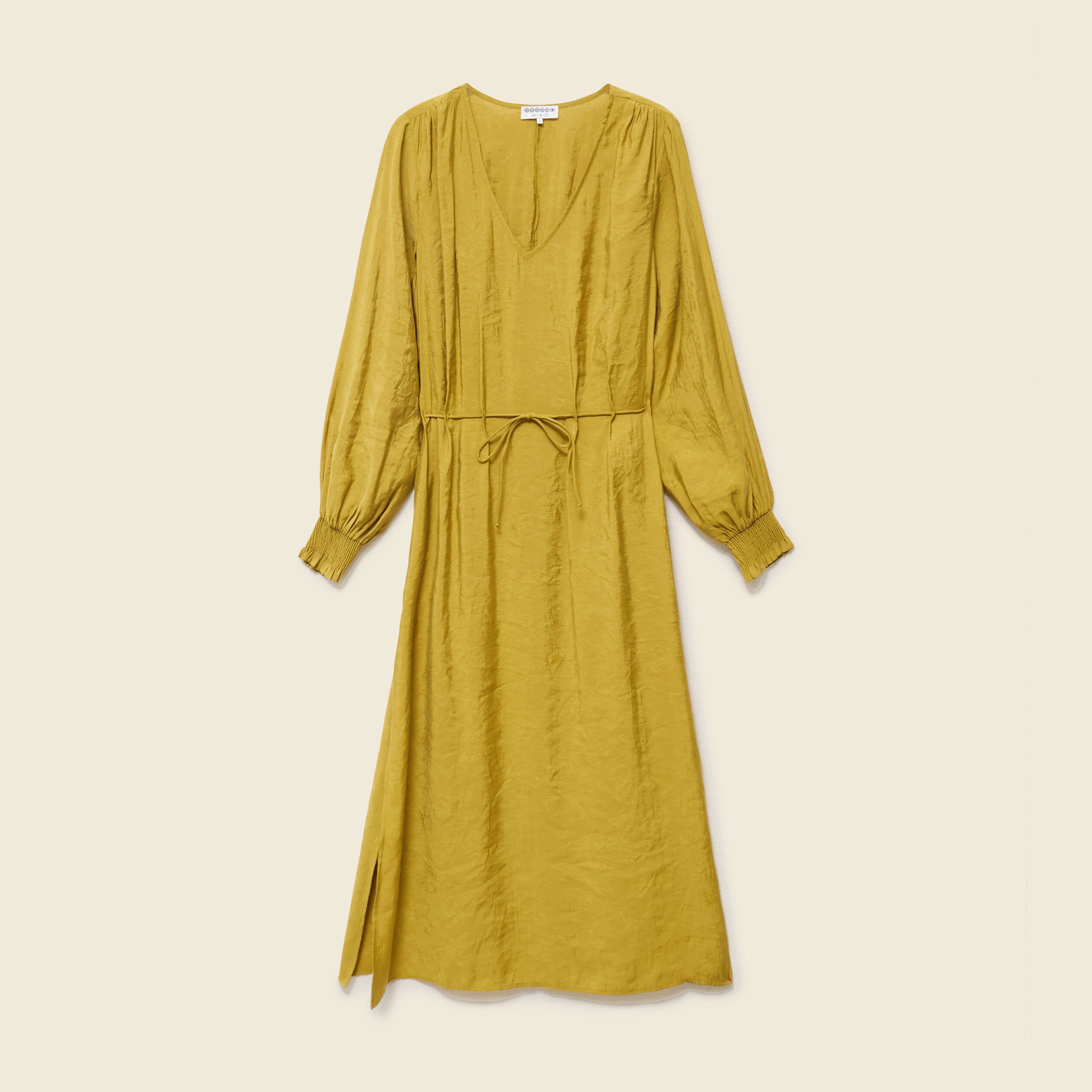 Robe longue droite col v manches longues vert olive femme