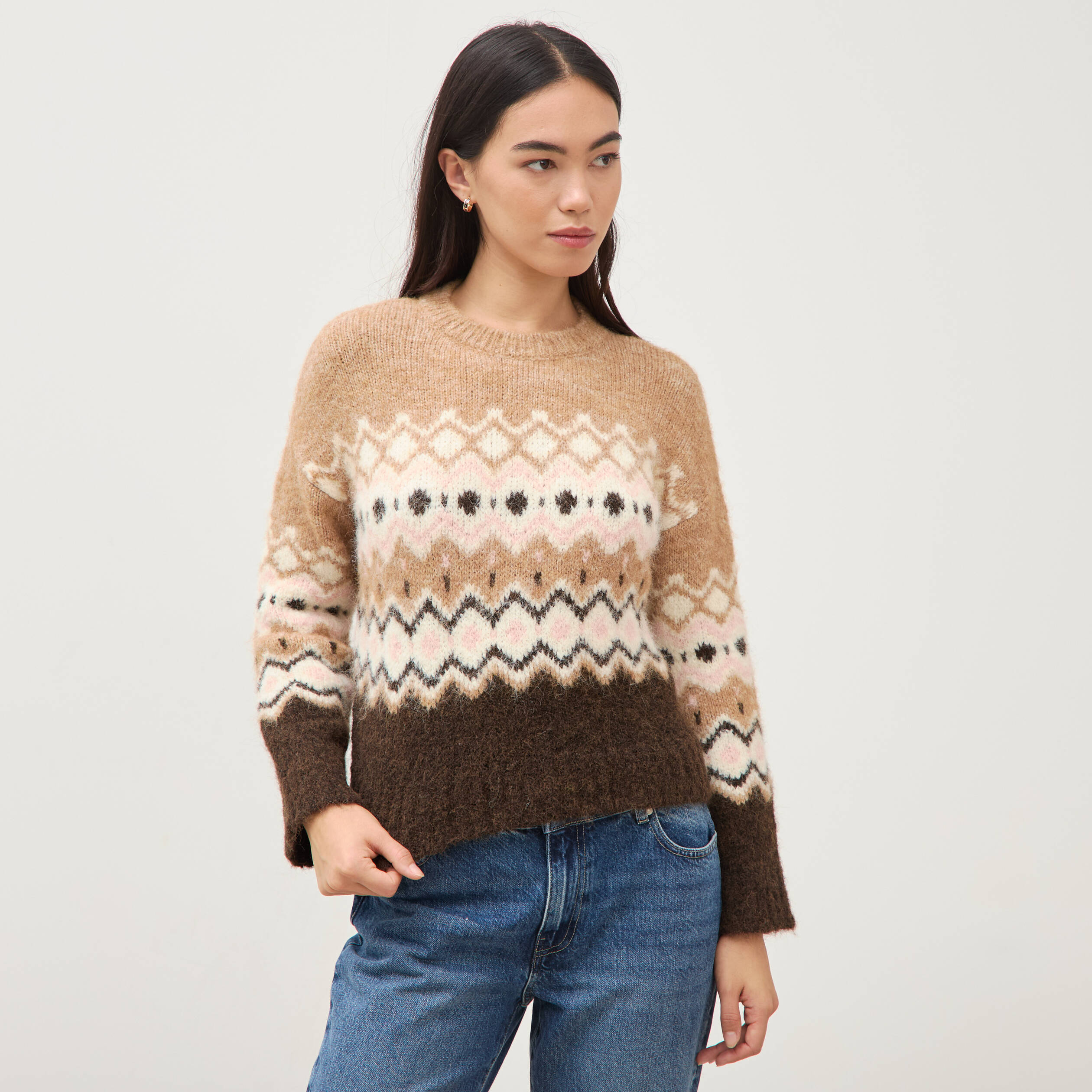 Pull droit col rond manches longues marron femme