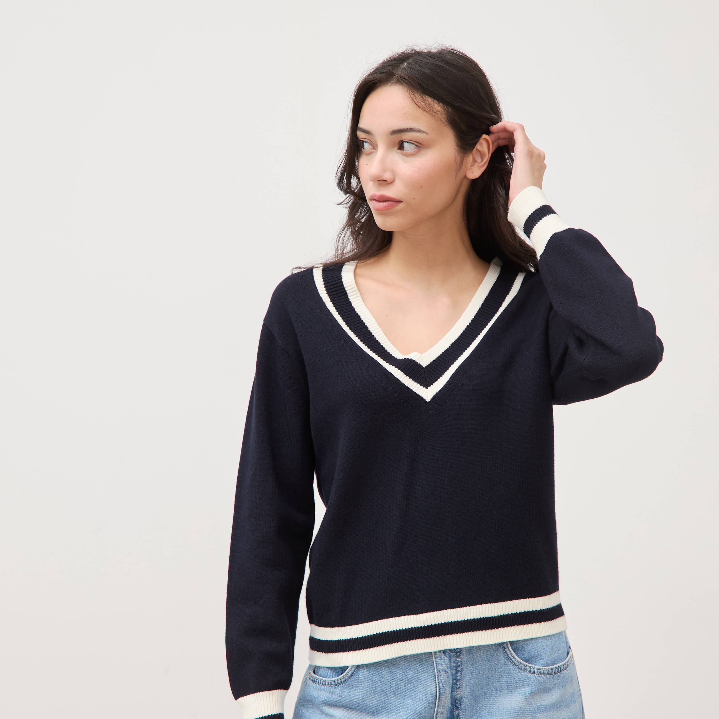 Pull manches longues bleu fonc&eacute; femme