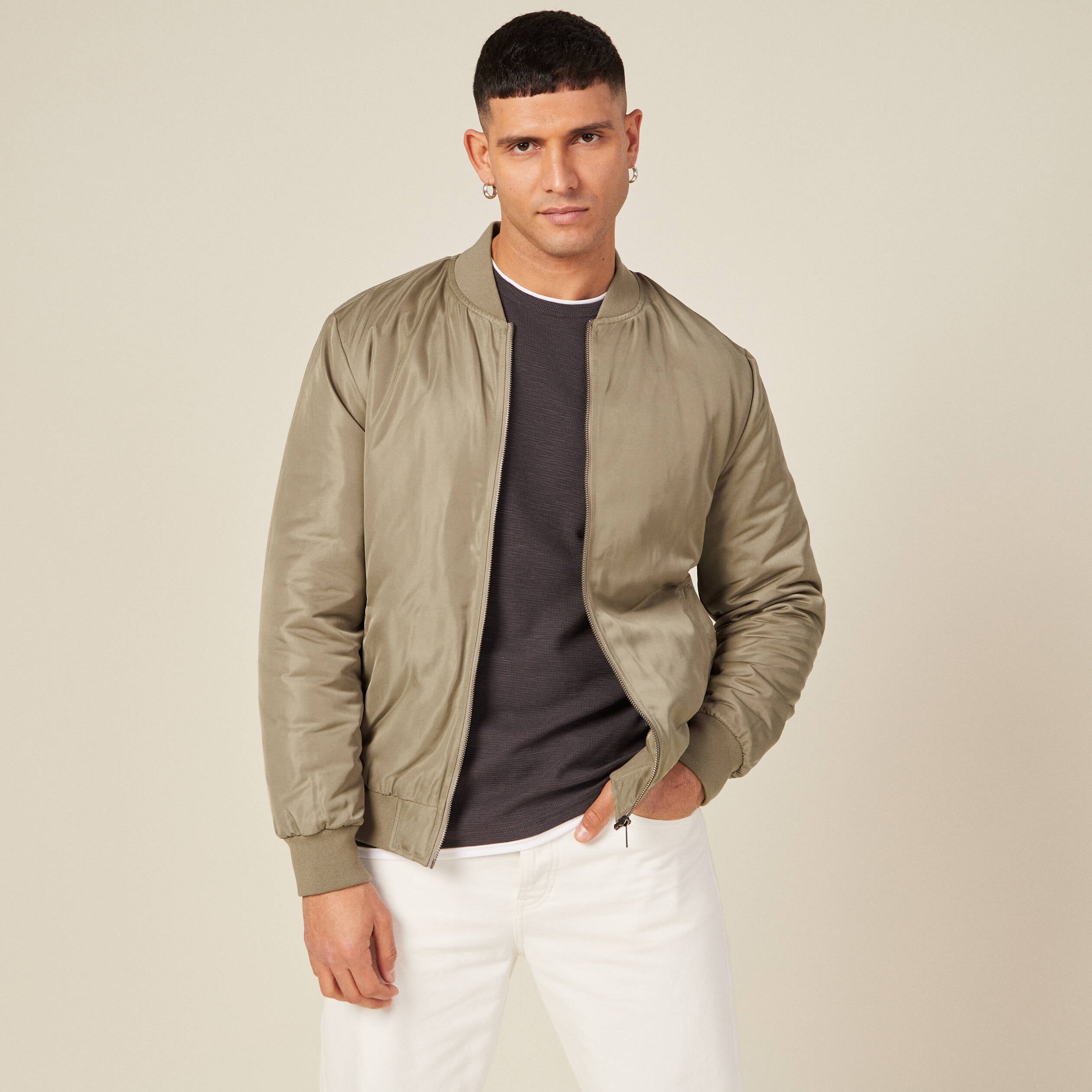 Bomber court manches longues doubl&eacute; taupe homme