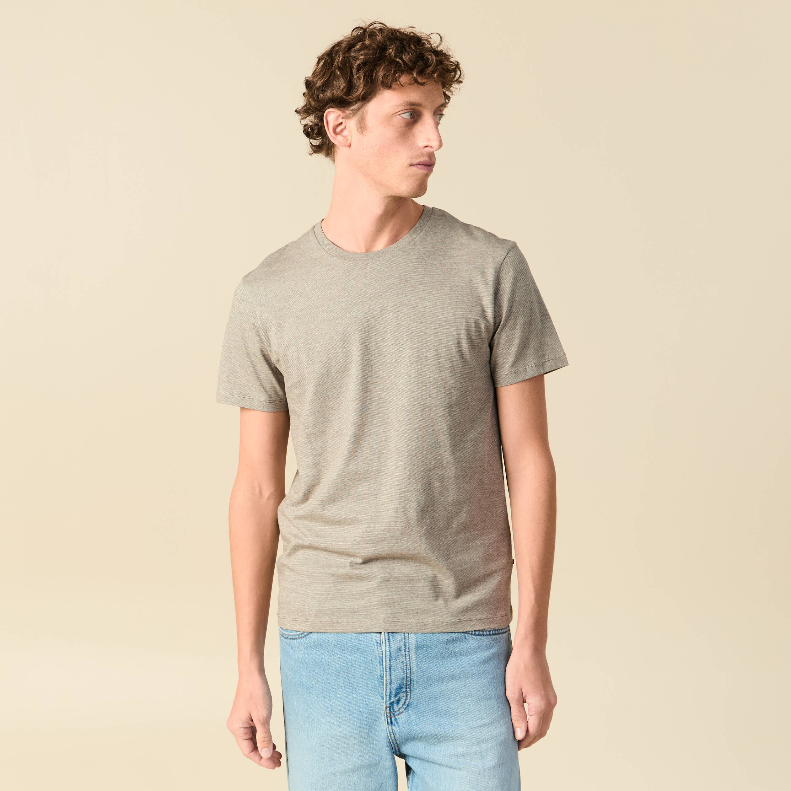 T-shirt cintr&eacute; col rond manches courtes taupe homme
