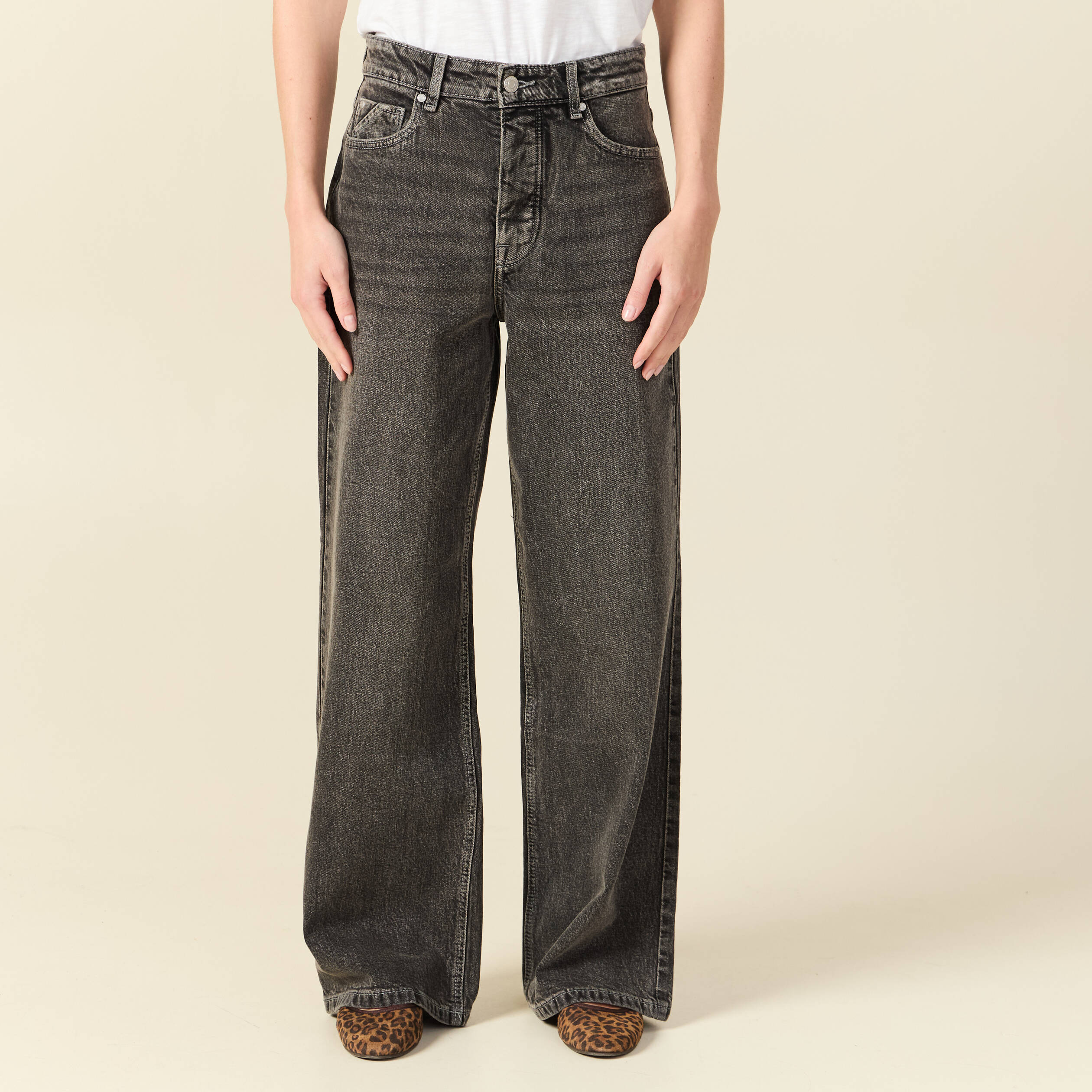 Jeans large taille haute denim snow gris femme