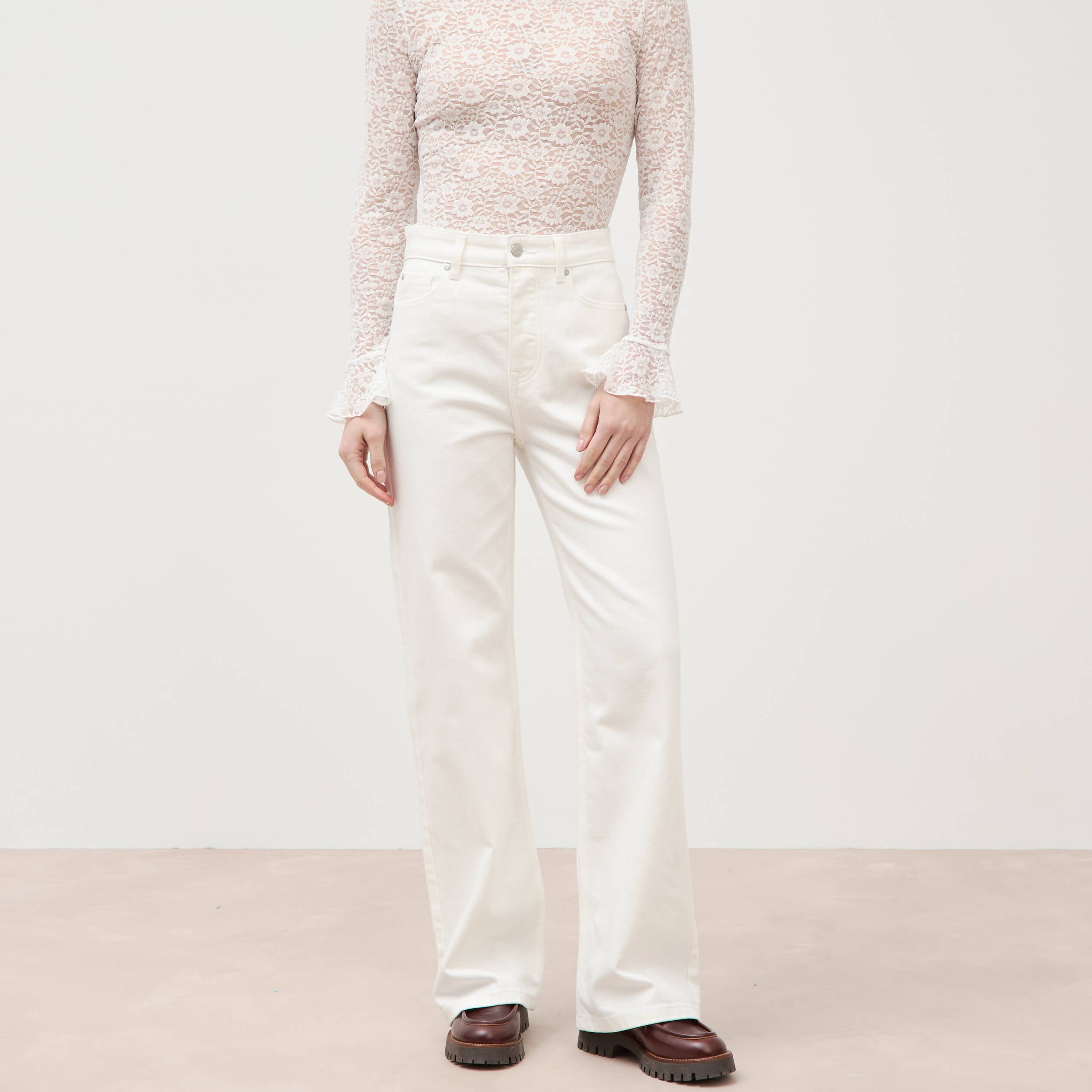 Jeans large taille haute denim blanc femme