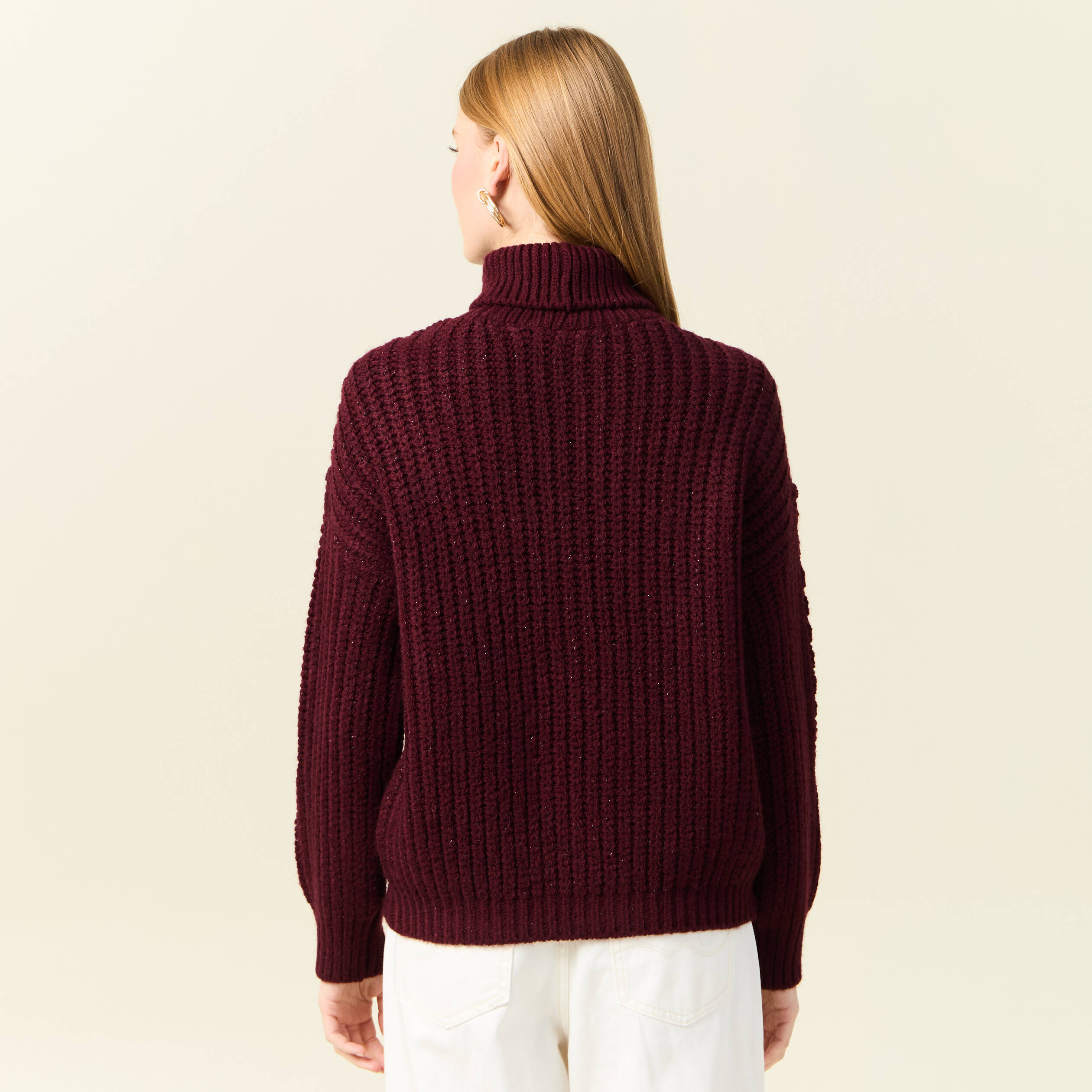 Pull manches longues col roulé rouge foncé femme