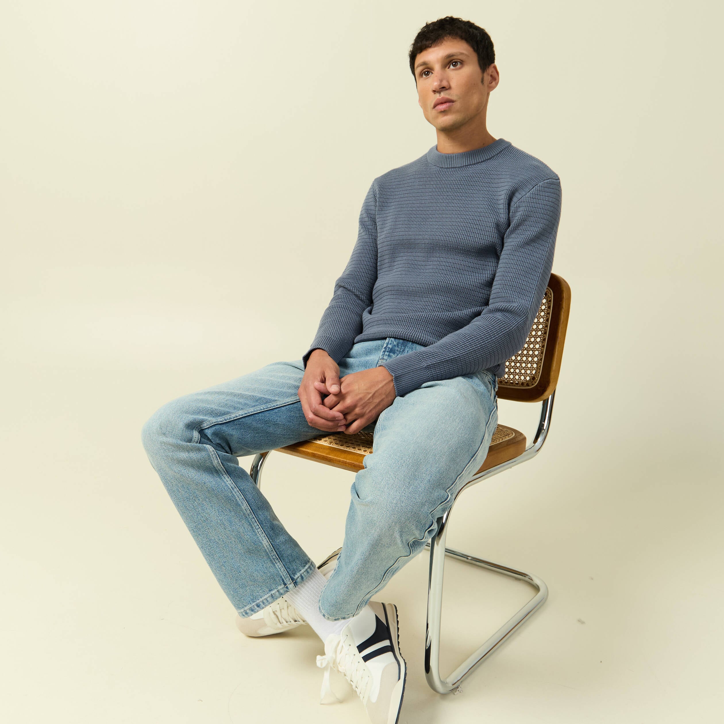 Pull col rond manches longues bleu gris homme