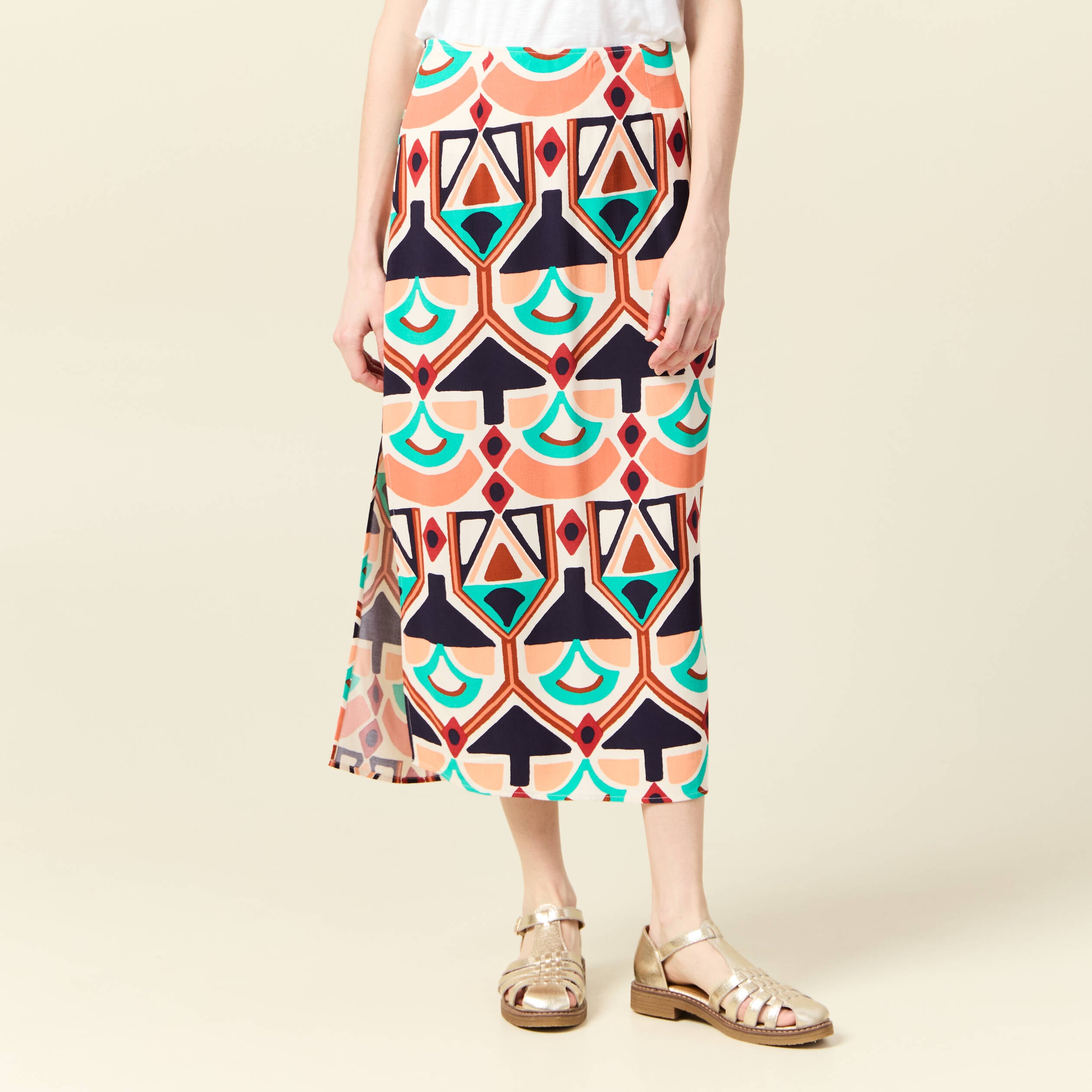 Jupe longue droite fendue orange femme