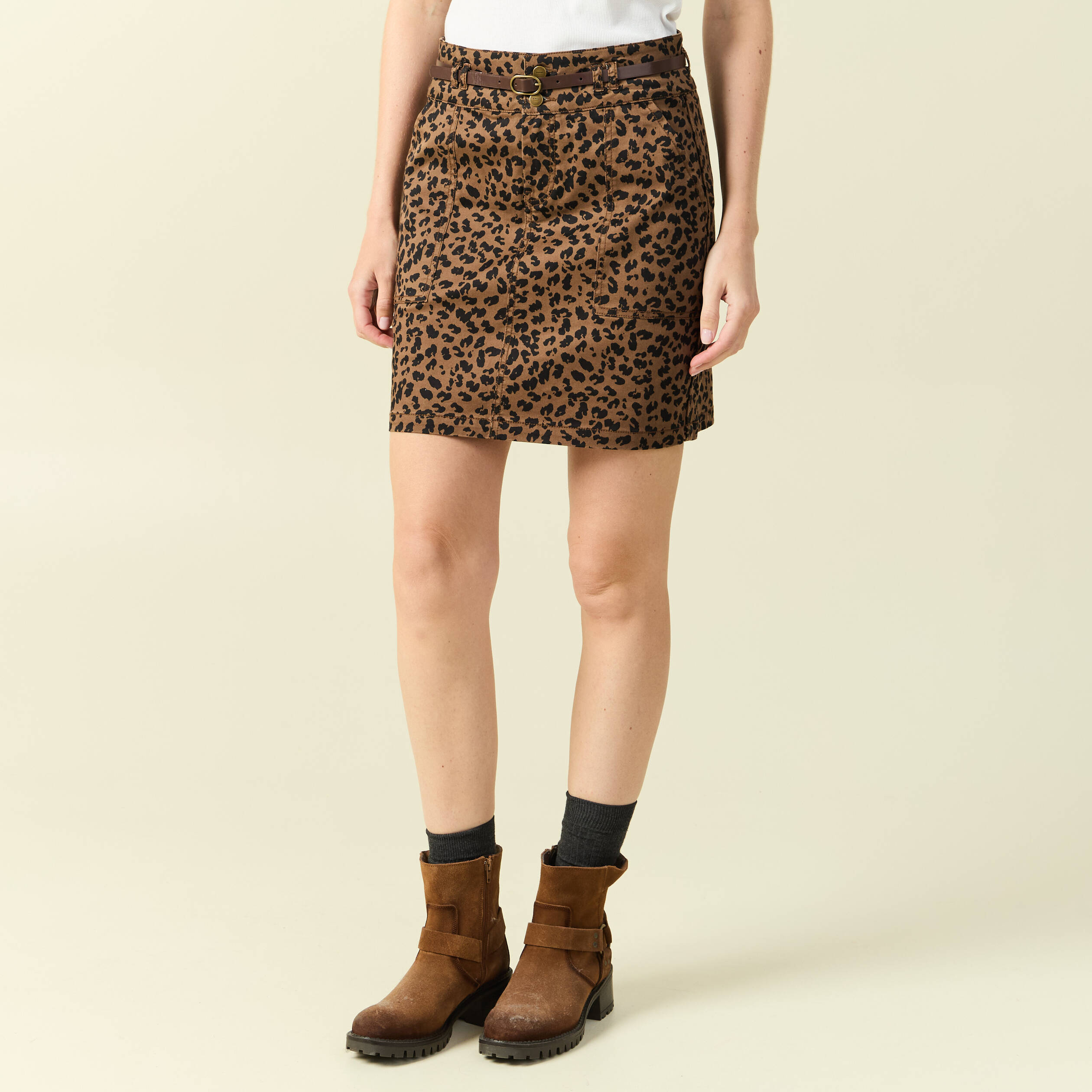 Jupe stretch avec ceinture amovible marron cognac femme