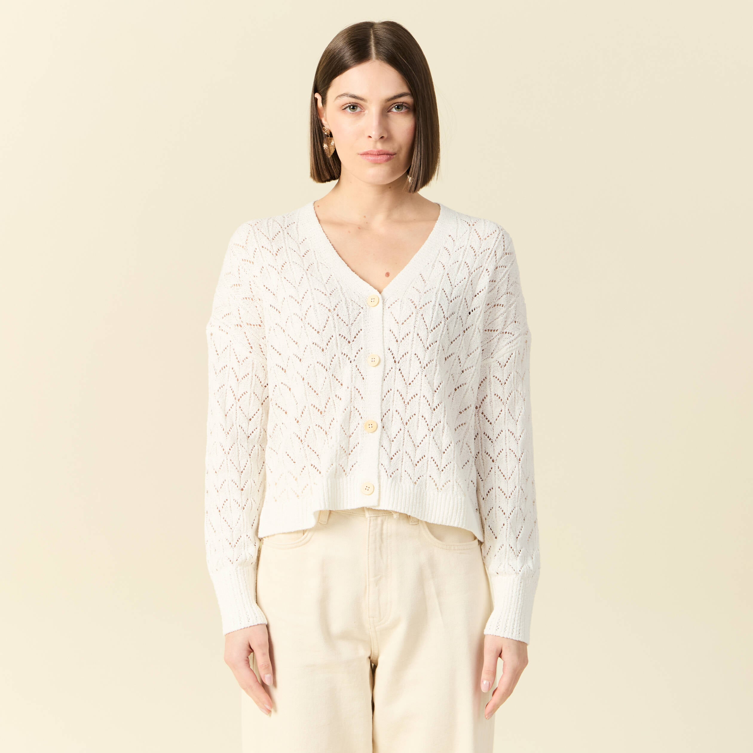 Gilet manches longues ajour&eacute; ecru femme