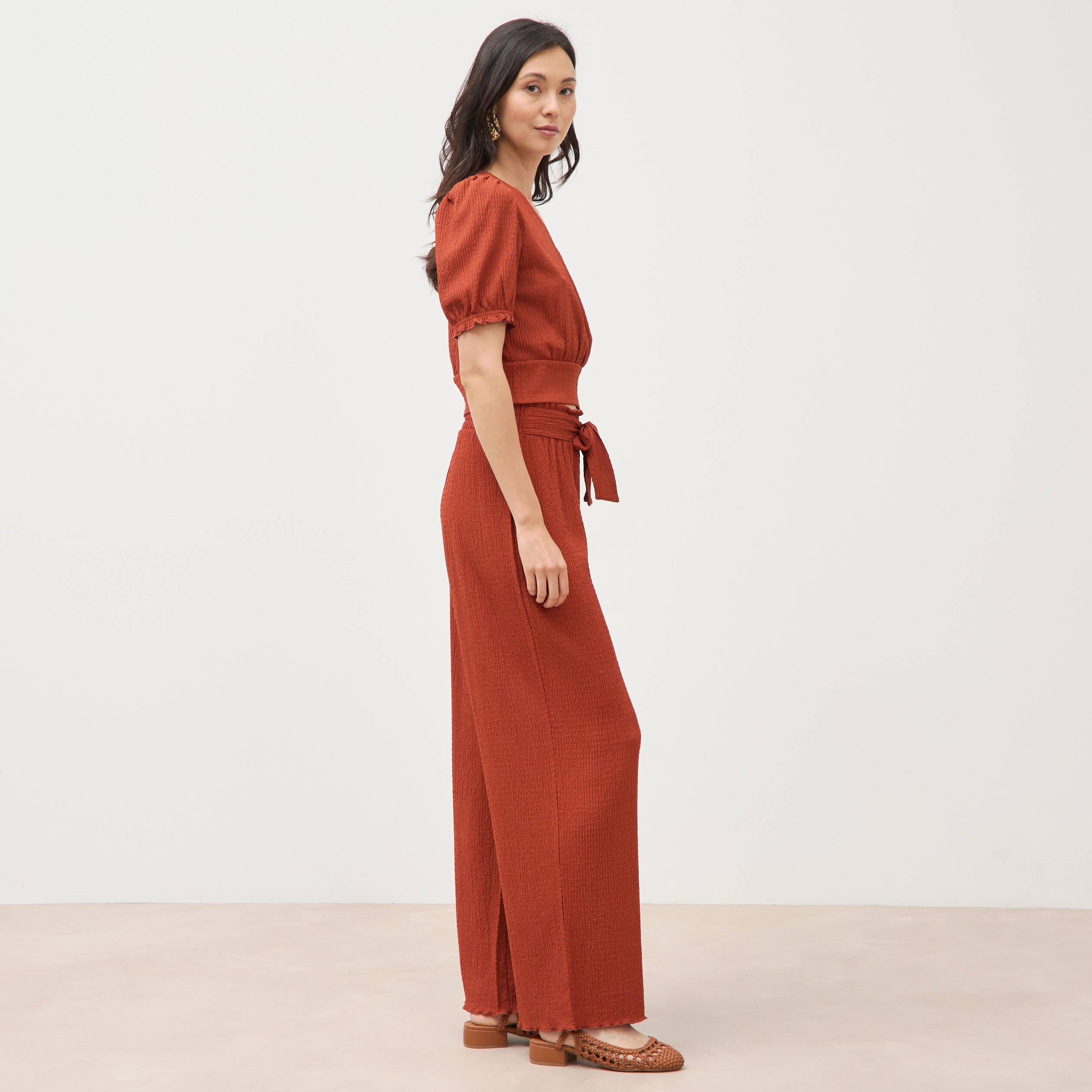 Blouse cropped manches courtes marron cognac femme