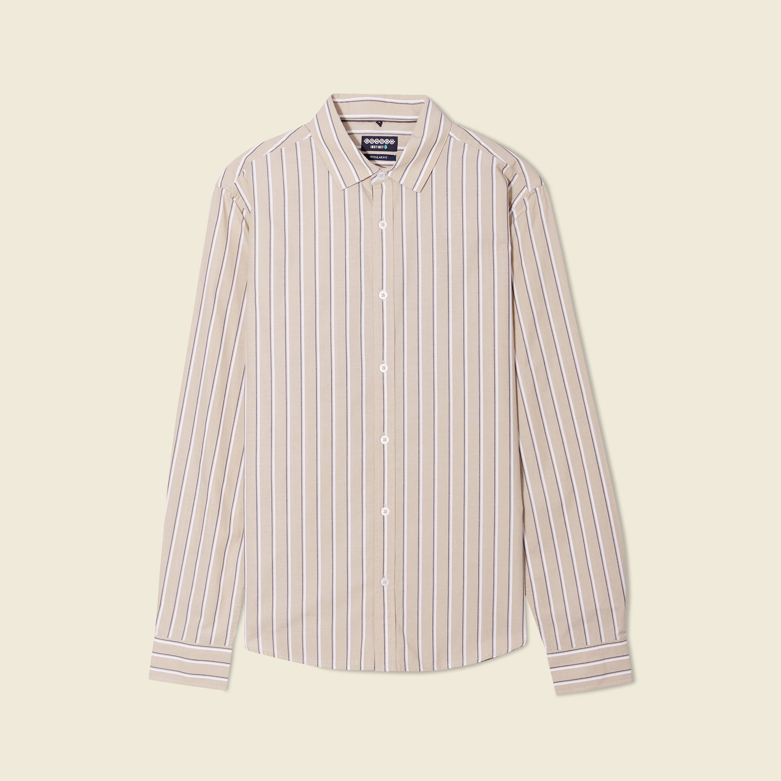 Chemise ray&eacute;e en coton manches longues beige homme