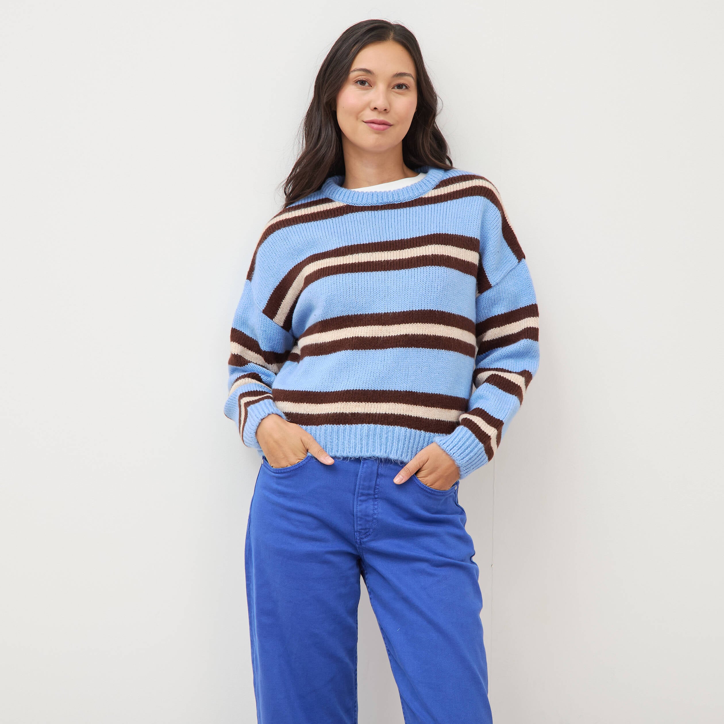 Pull droit manches longues col rond bleu femme