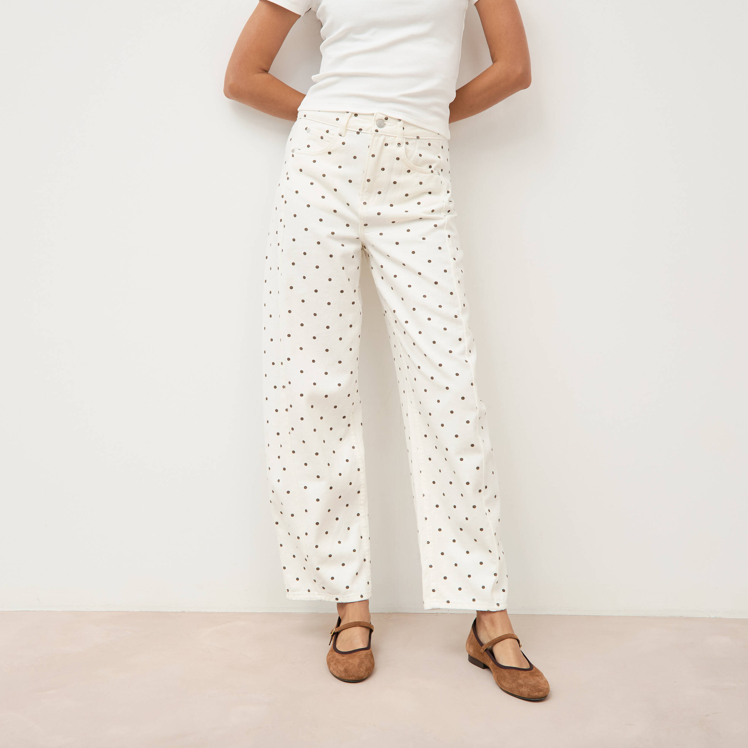 Jeans barrel taille haute bas resserr&eacute; ecru femme