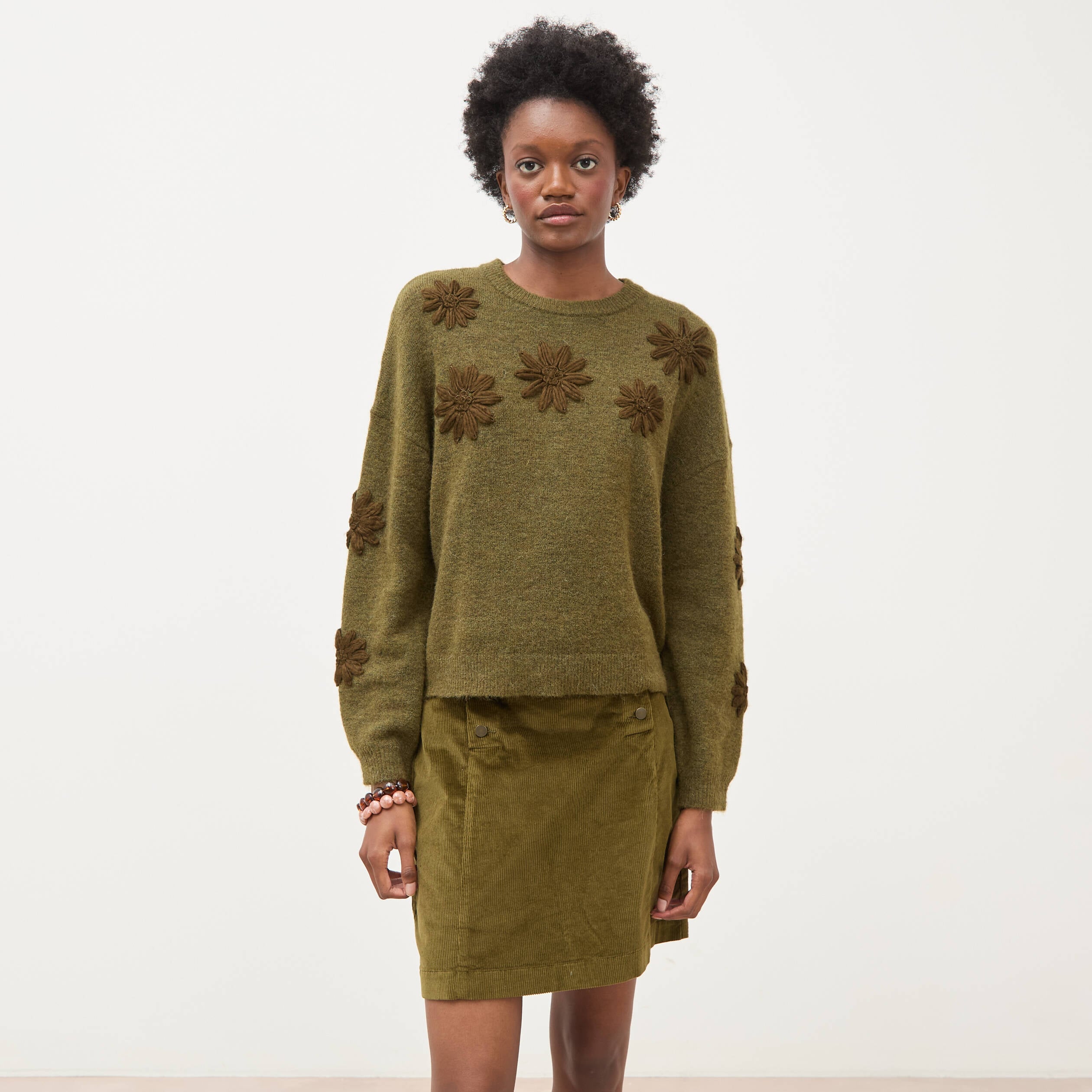 Pull manches longues col rond vert olive femme