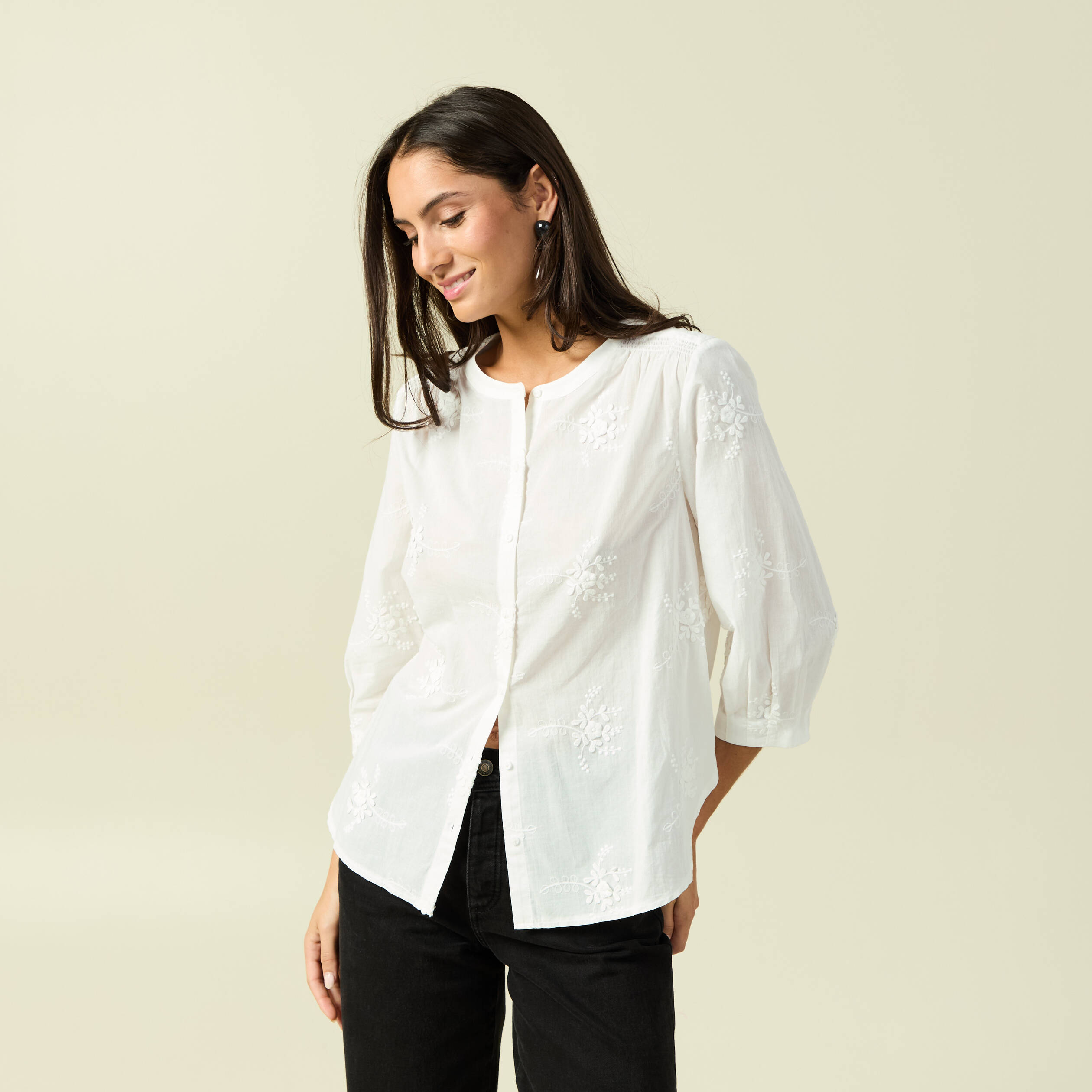 Chemise en coton manches 3/4 ecru femme