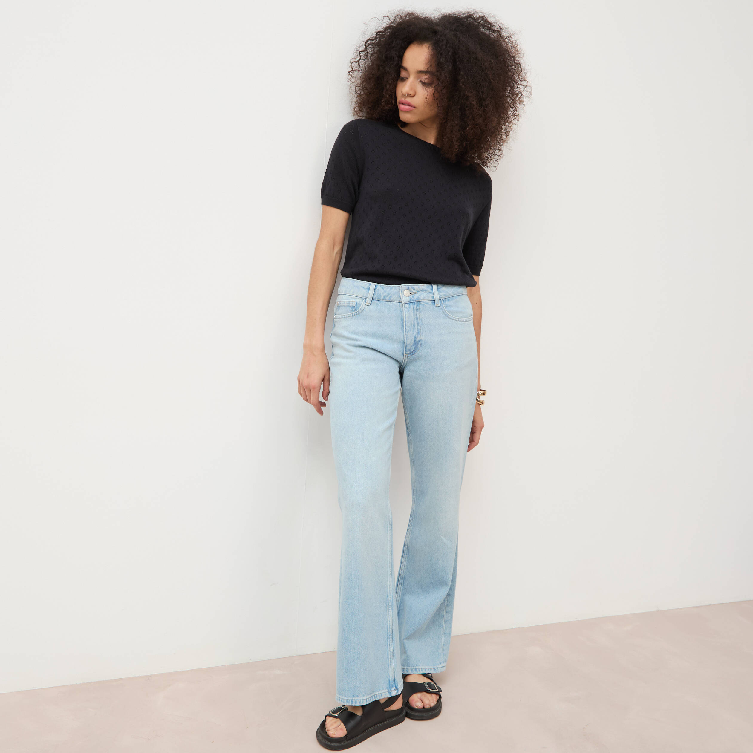 Jeans wide leg taille bascul&eacute;e bleu femme