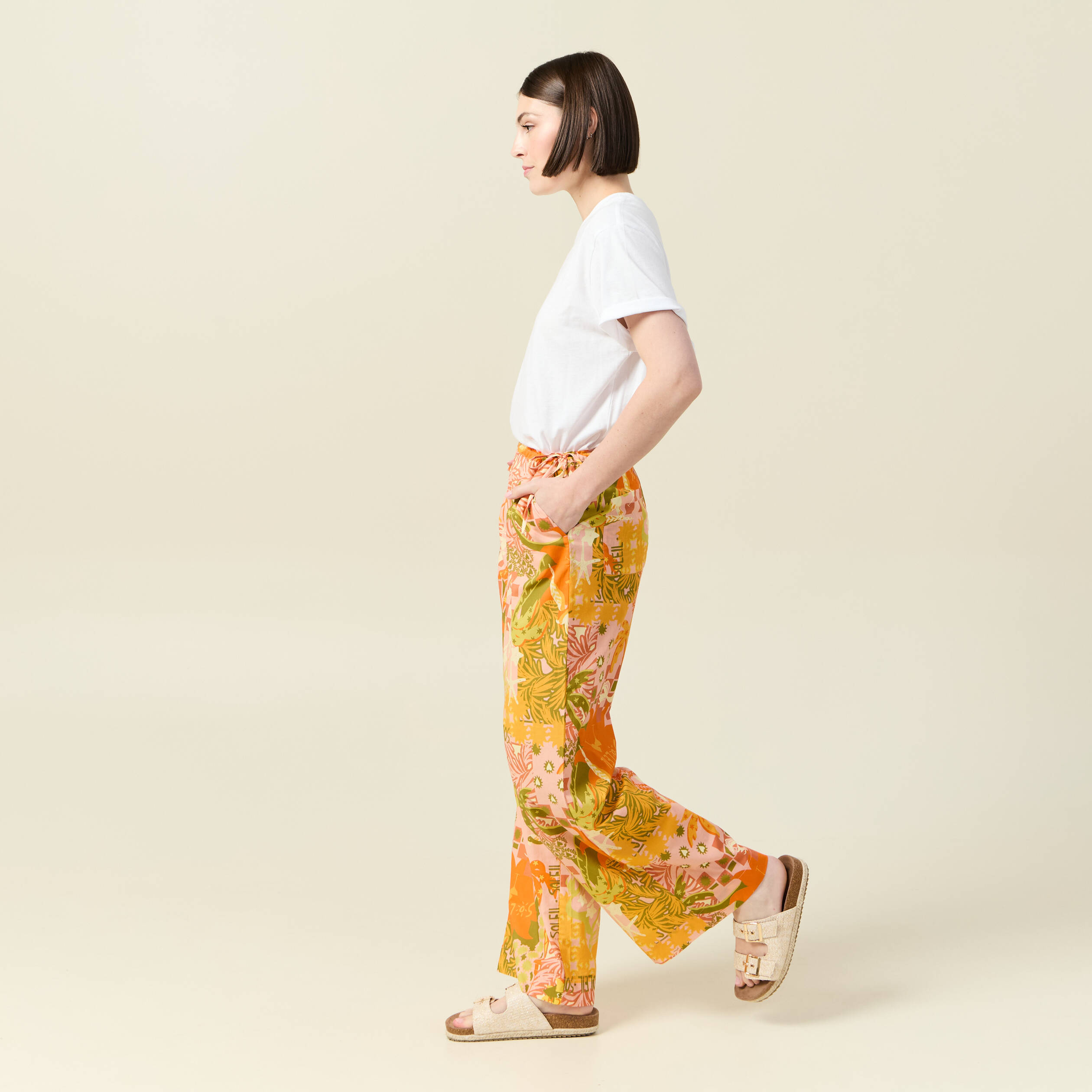 pantalon large taille haute en coton orange corail femme Pantalon large taille haute en coton orange corail femme