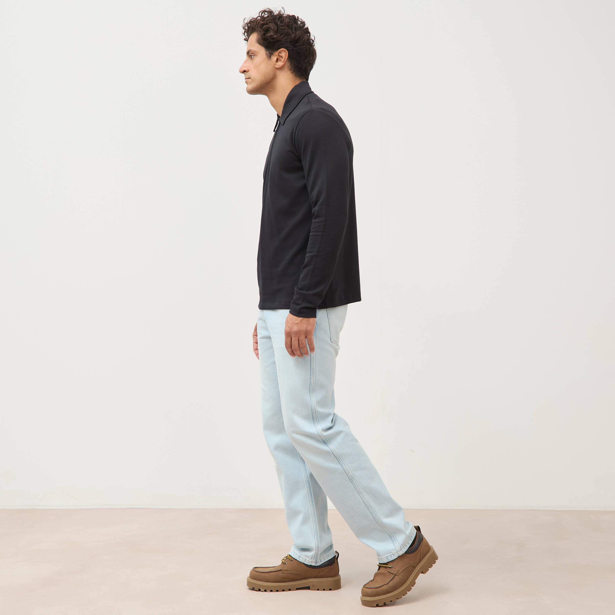 Polo droit manches longues noir homme