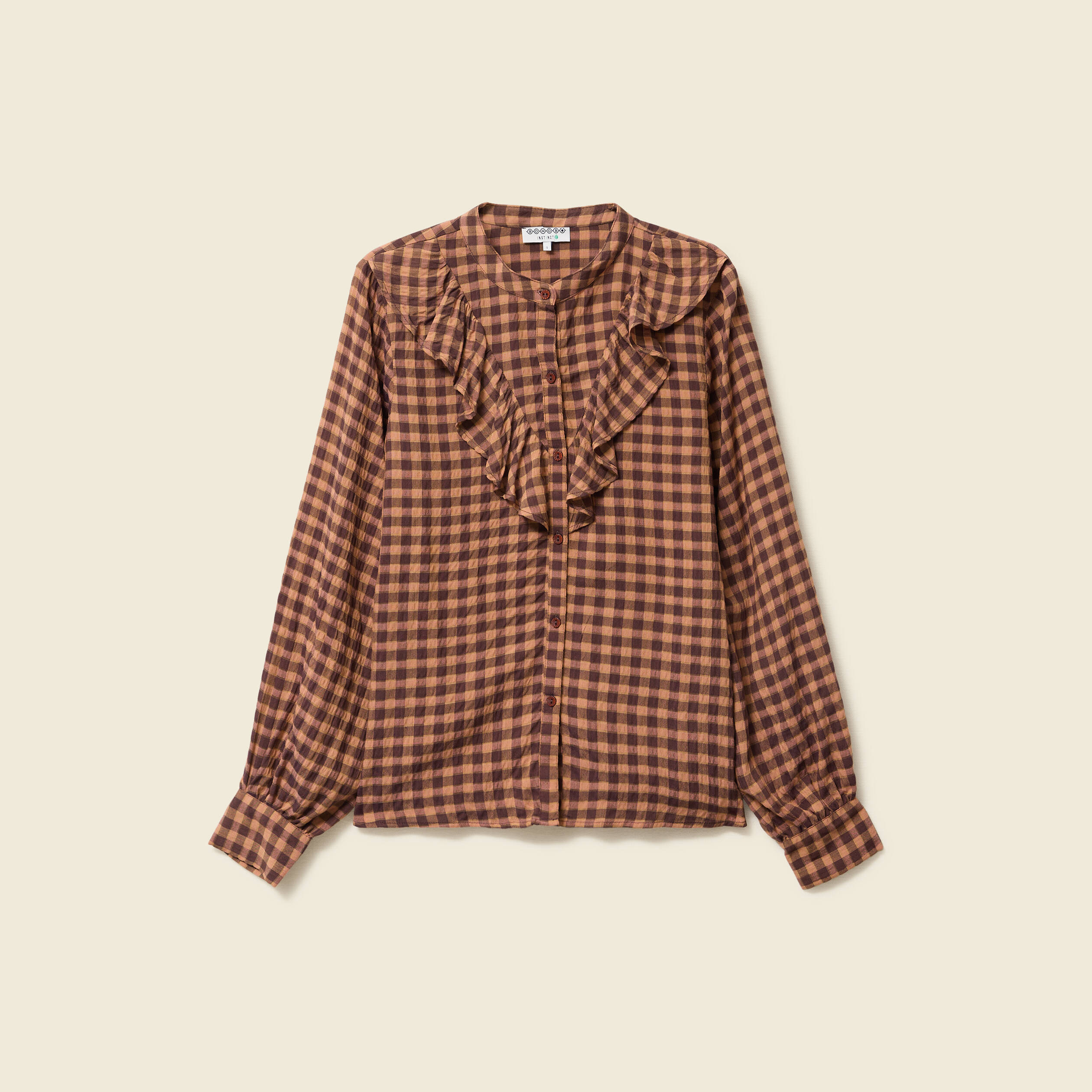 Chemise &agrave; volants manches longues marron fonc&eacute; femme