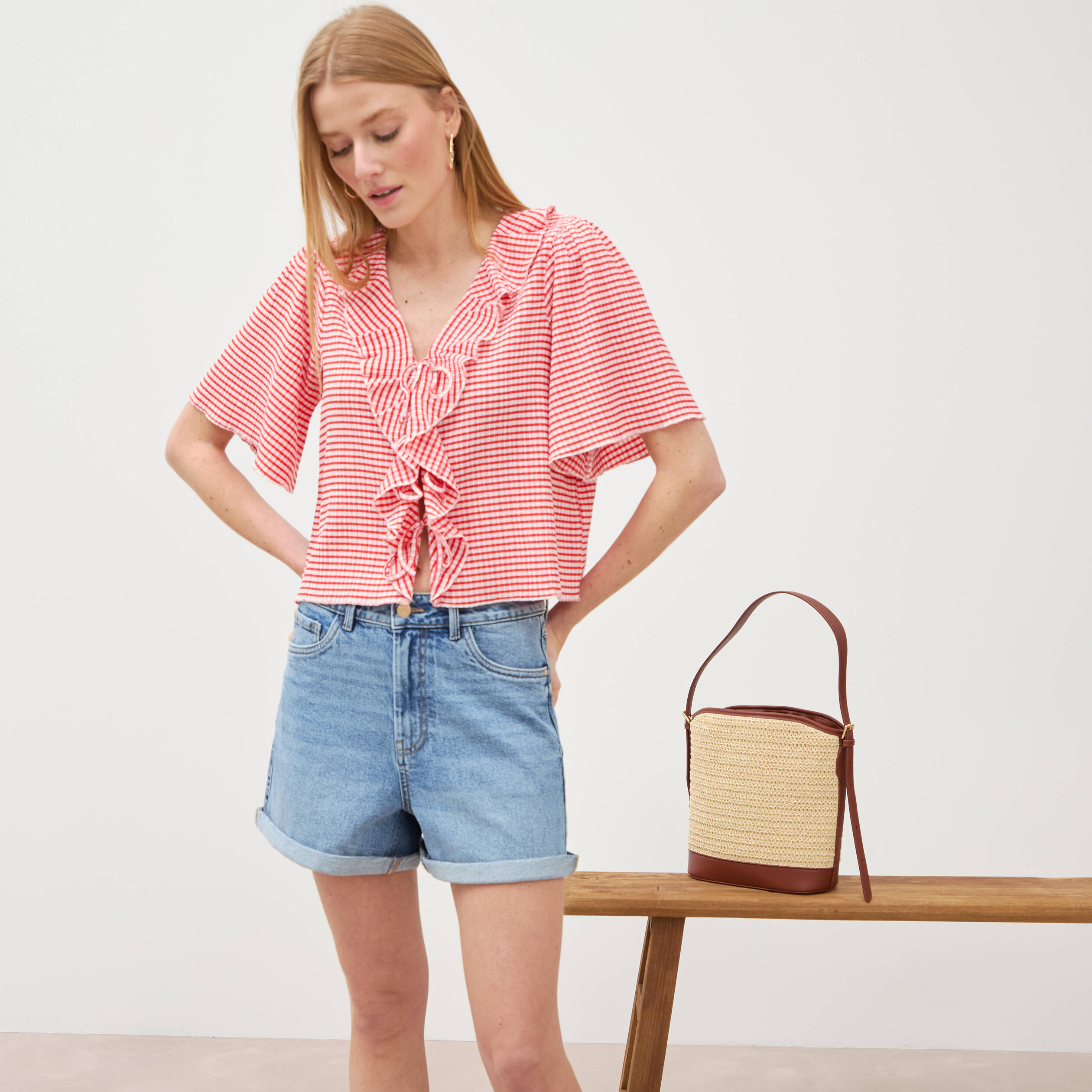 Short mom taille haute en jean denim used femme