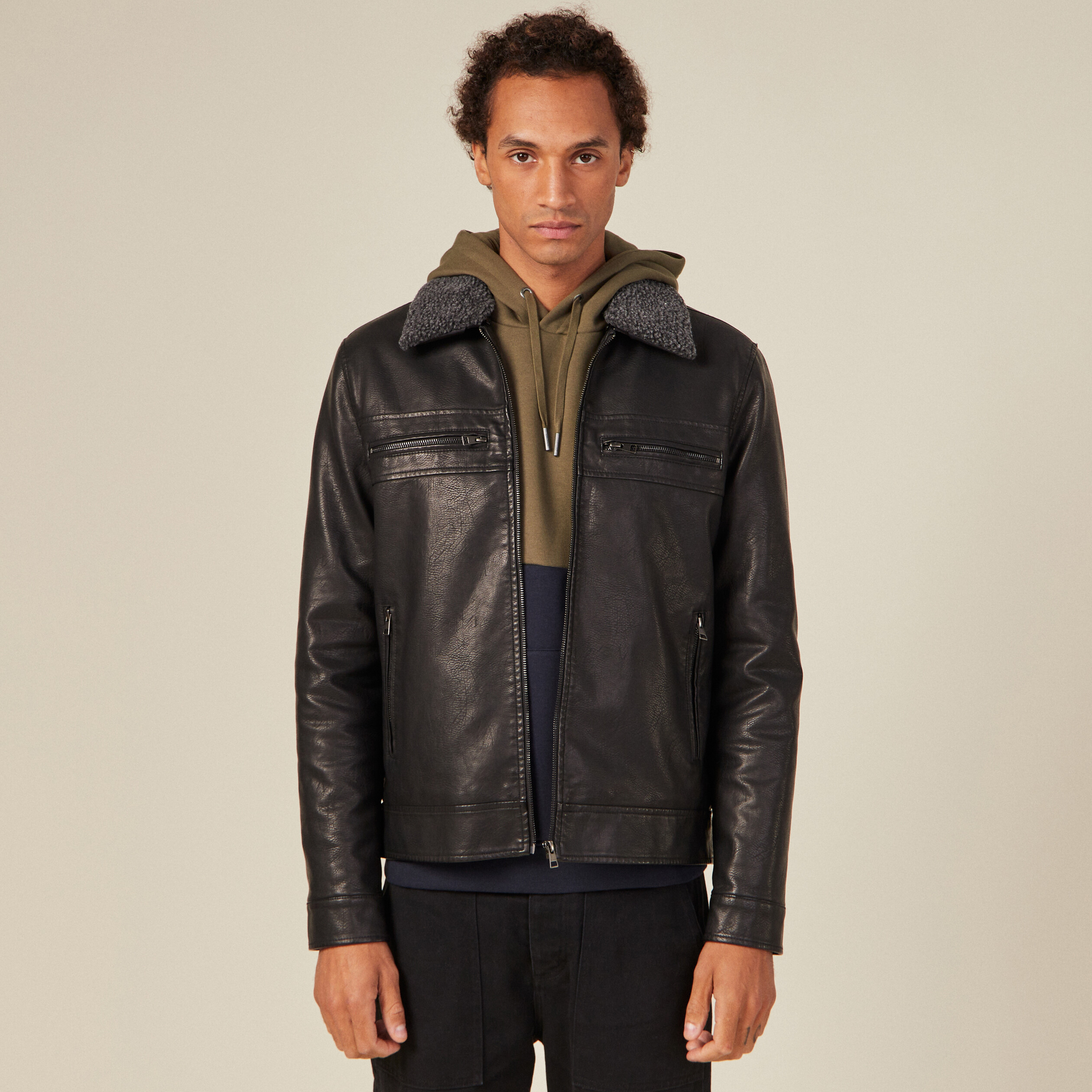 Blouson droit col aviateur noir homme