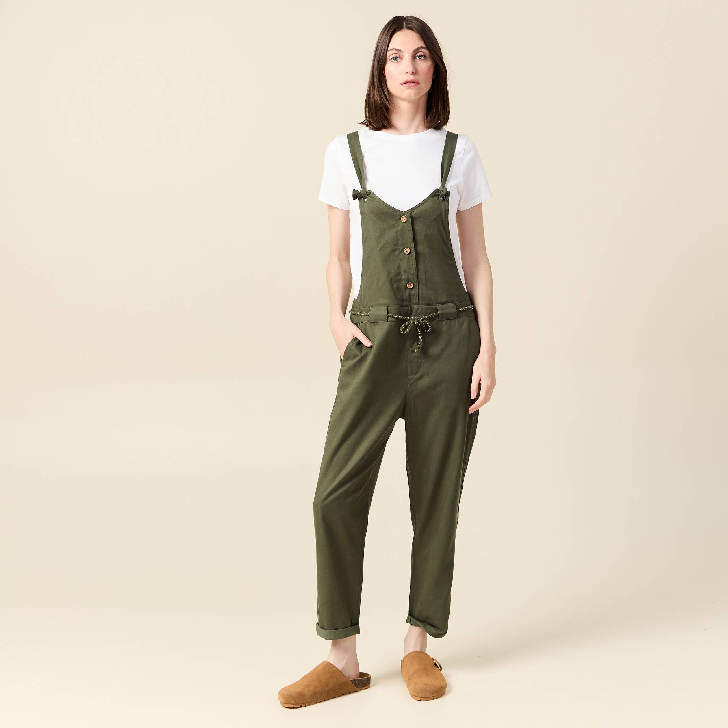 Salopette fluide boutonn&eacute;e vert fonc&eacute; femme
