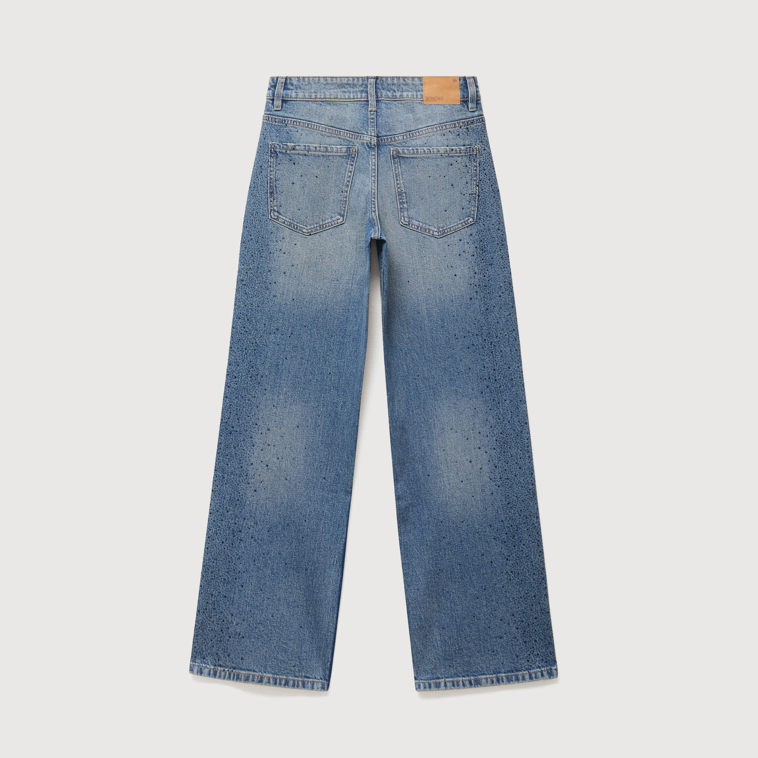 Jeans wide leg strass taille standard bleu femme