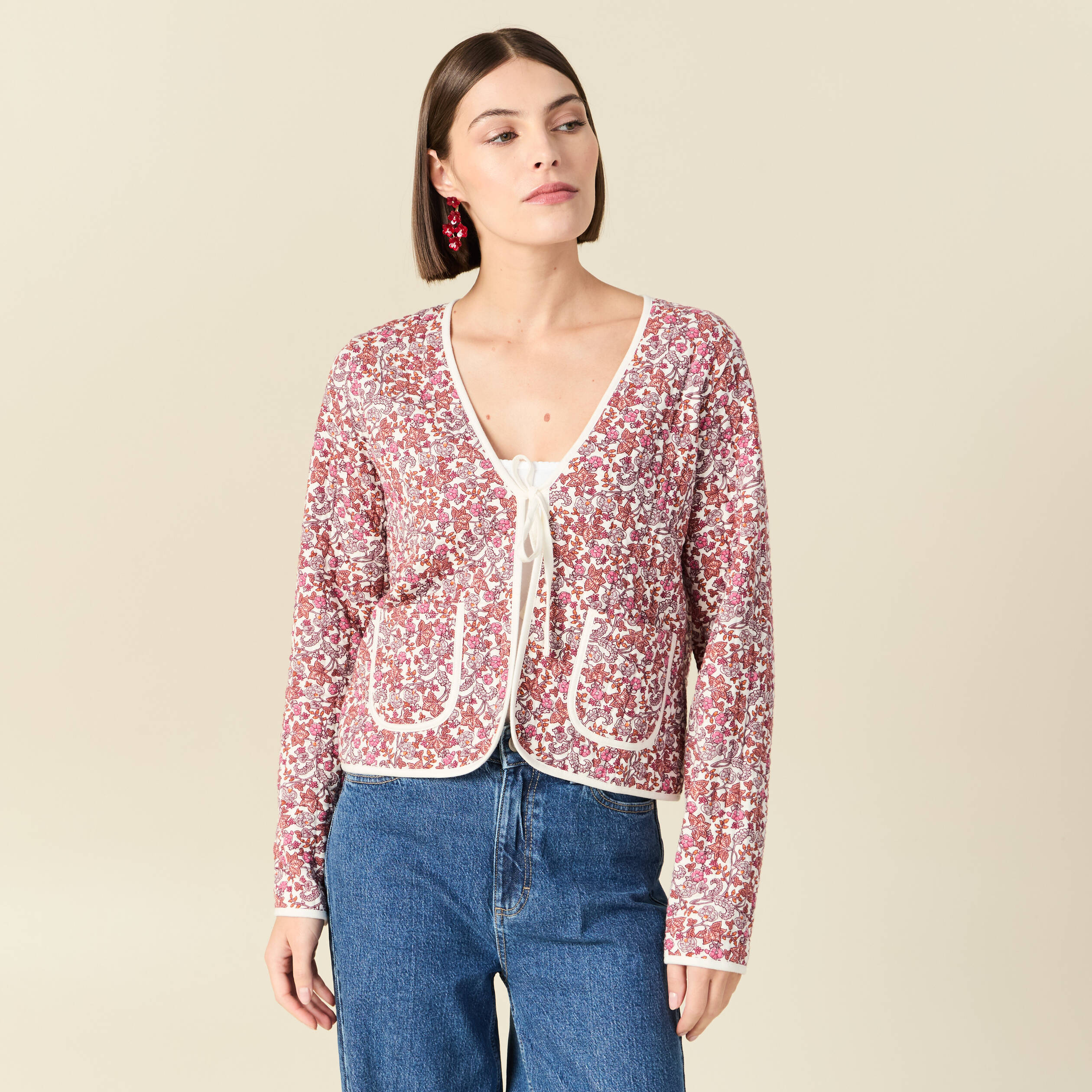 Cardigan droit court manches longues orange corail femme